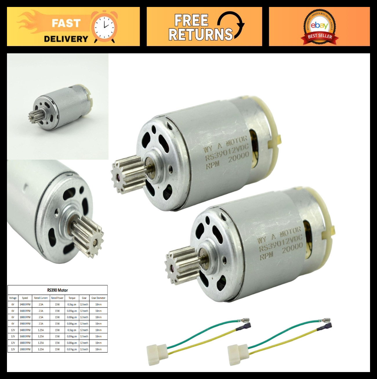 2PCS 12V RS390 Electric Motor 20000RPM with 12 Gear Teeth for Toy Car Accessory
