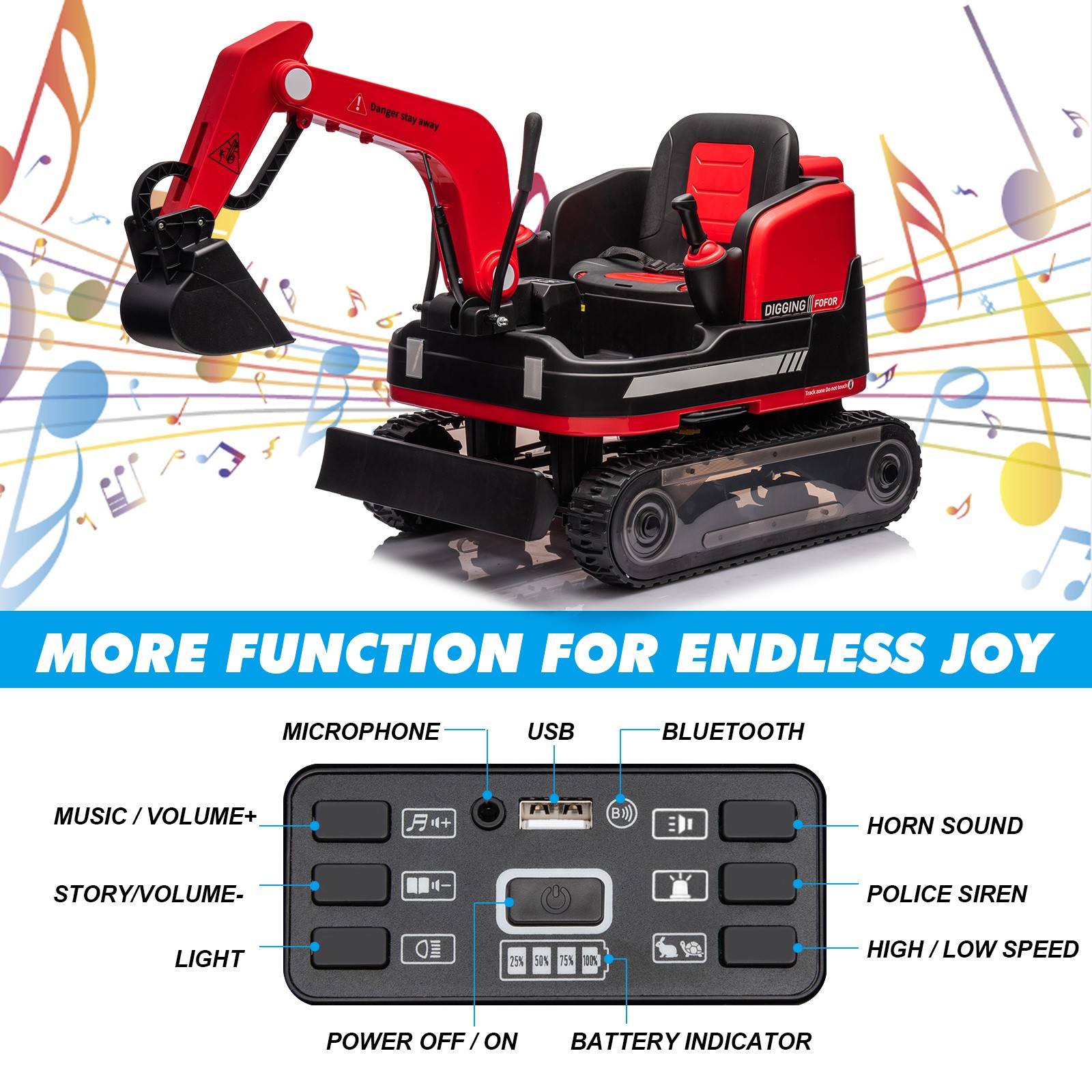 2 IN 1 360° Red 12V Battery Powered Kids Ride On Excavator Bulldozer with Remote