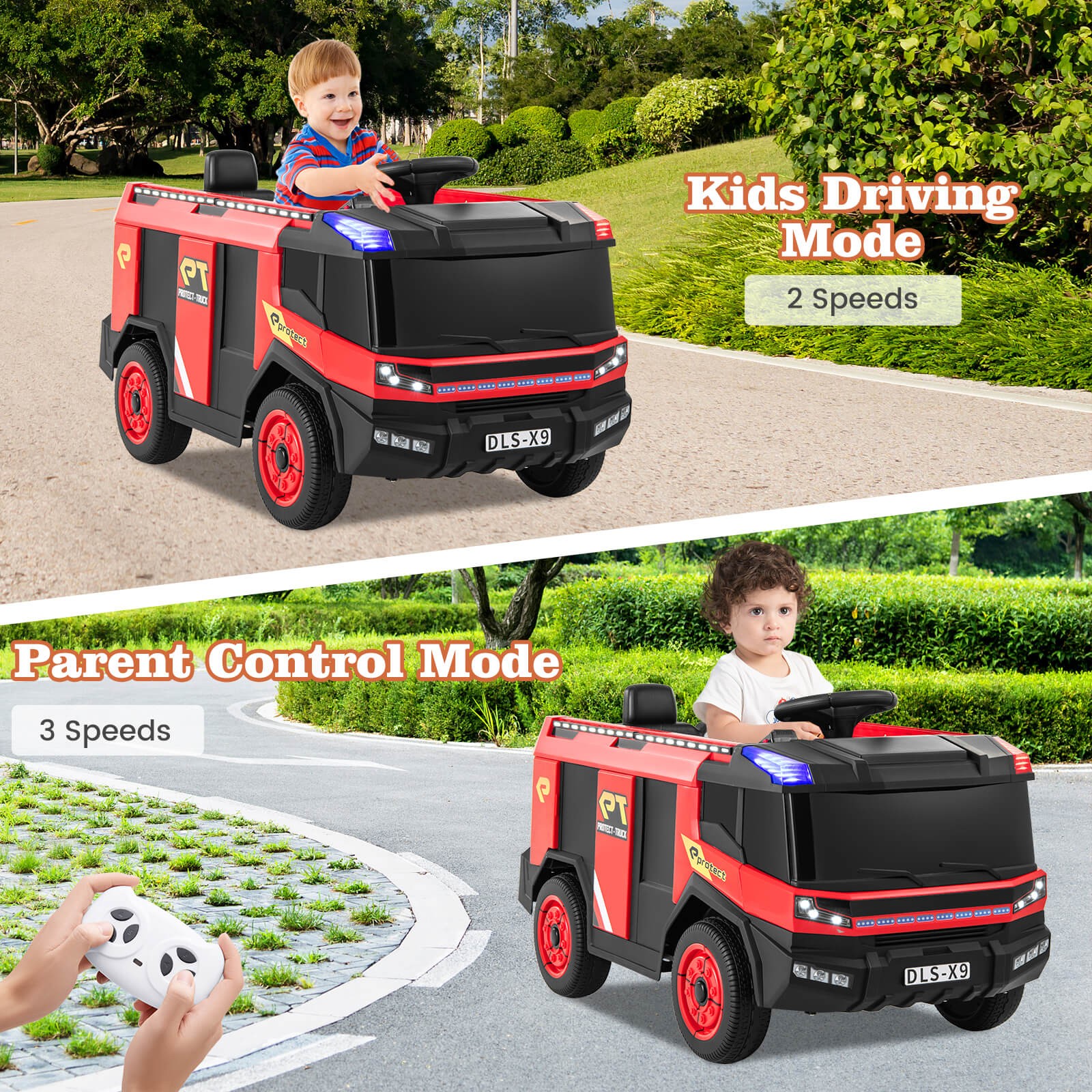 2-Seater Kids Ride on Fire Truck w/Remote Control Water Gun Extinguisher Shovel