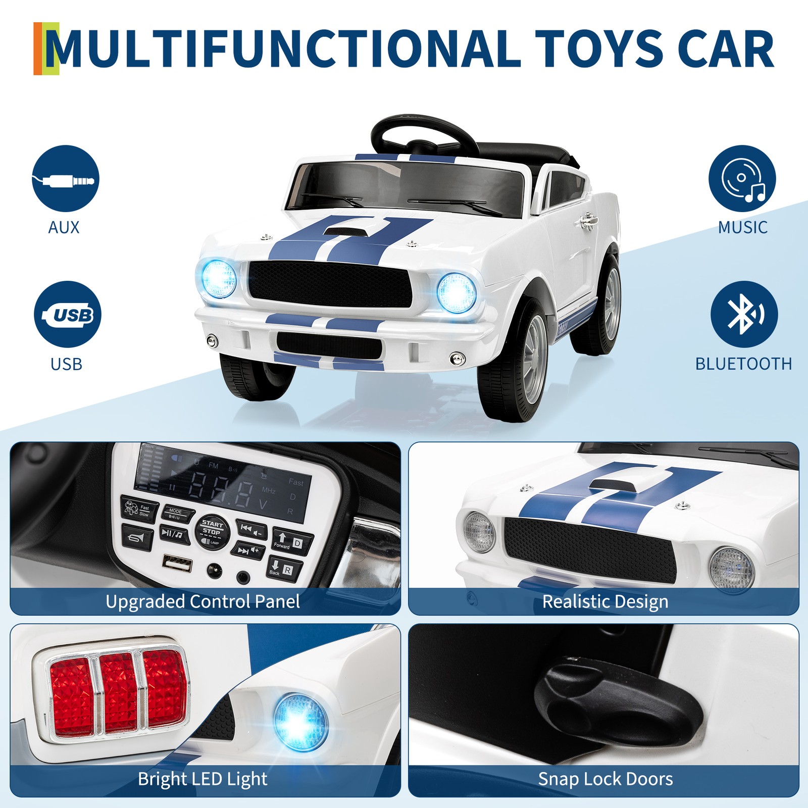 12V Kids Ride On Car w/ Remote, Bluetooth Music, LED Lights, 2 Speeds,3-8 Years