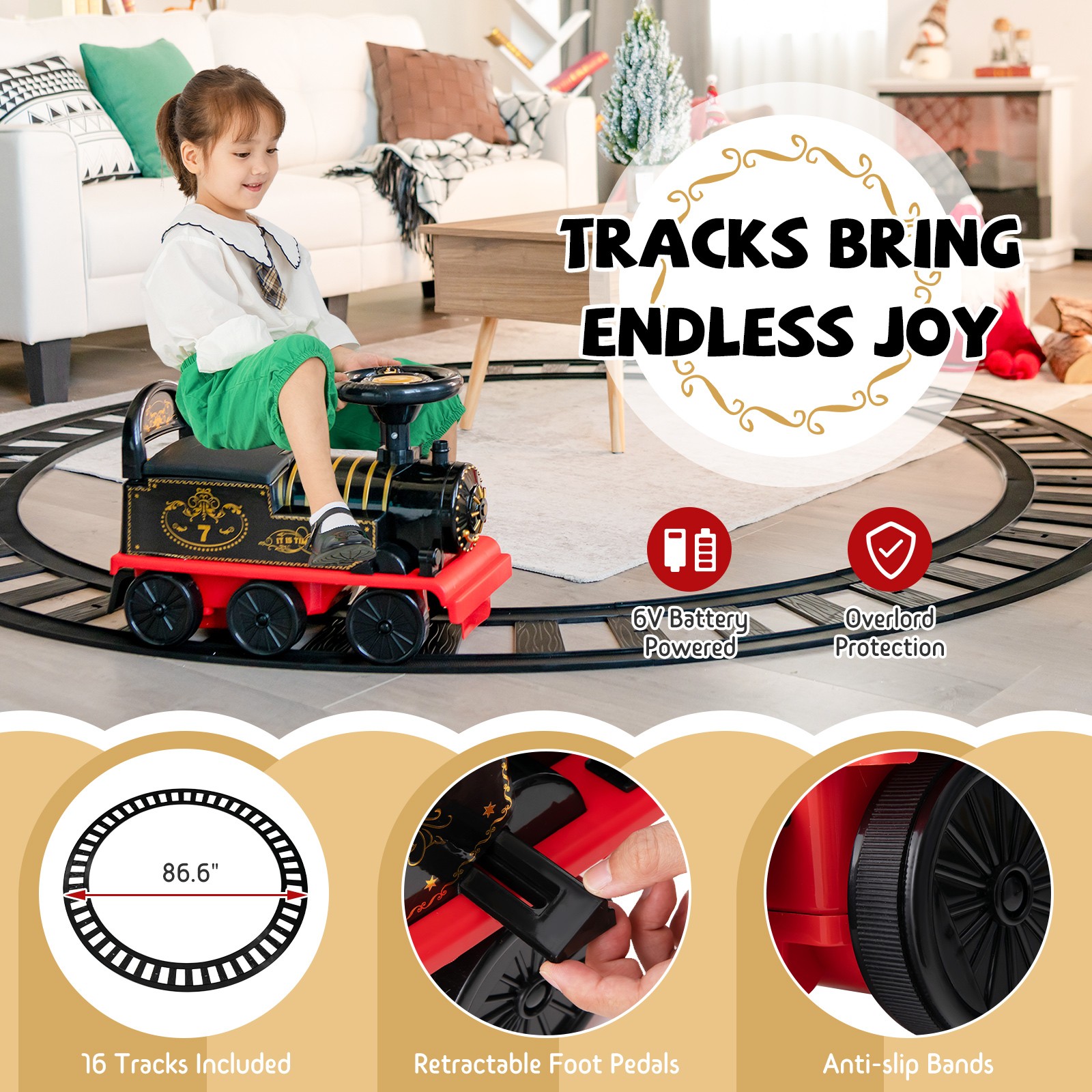 6V Electric Kids Motorized Train Toy with Unique Train Outlook & Stickers Black