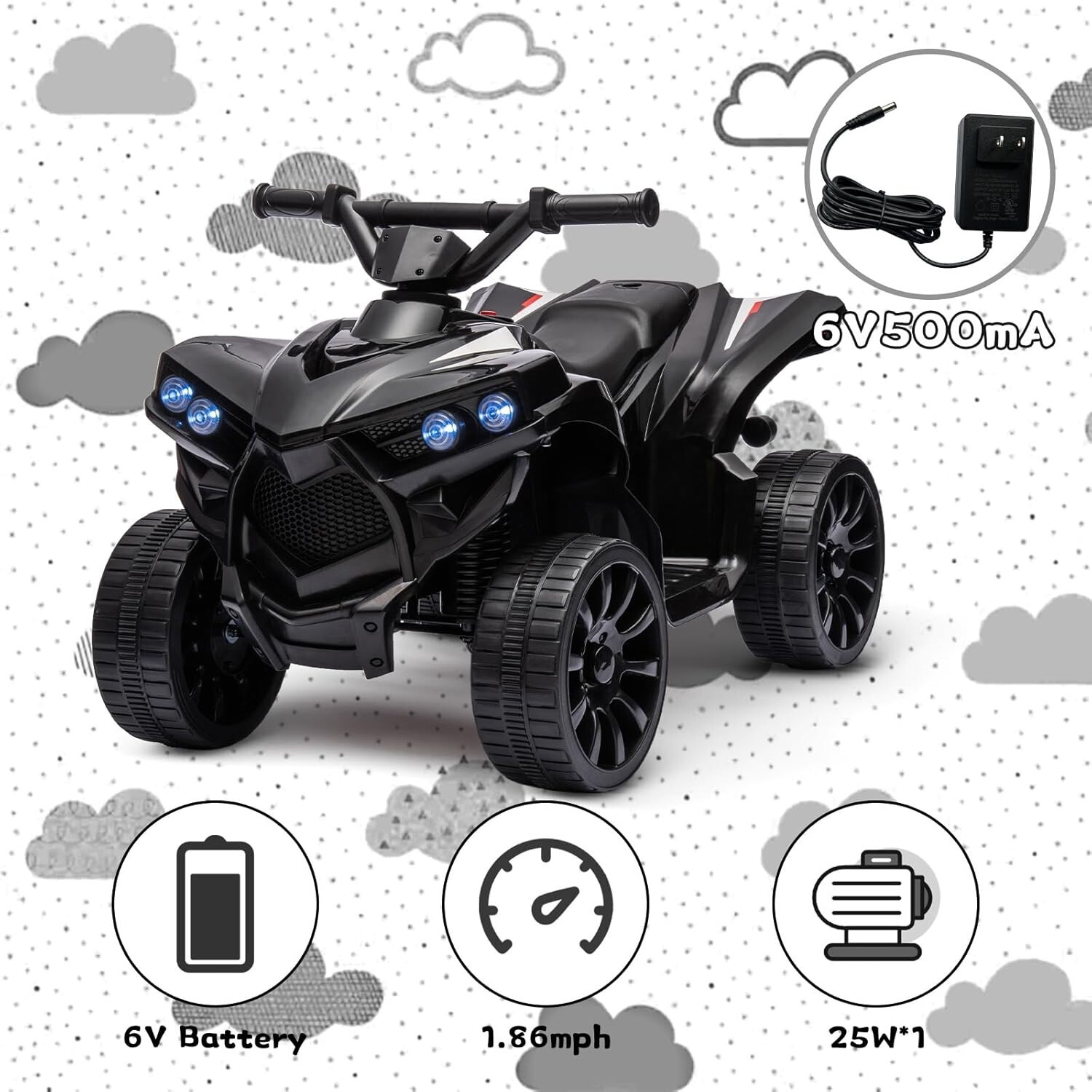 Kids Ride On Electric ATV Off-Road Quad Car 6V Battery Powered 55 LBS Load Black