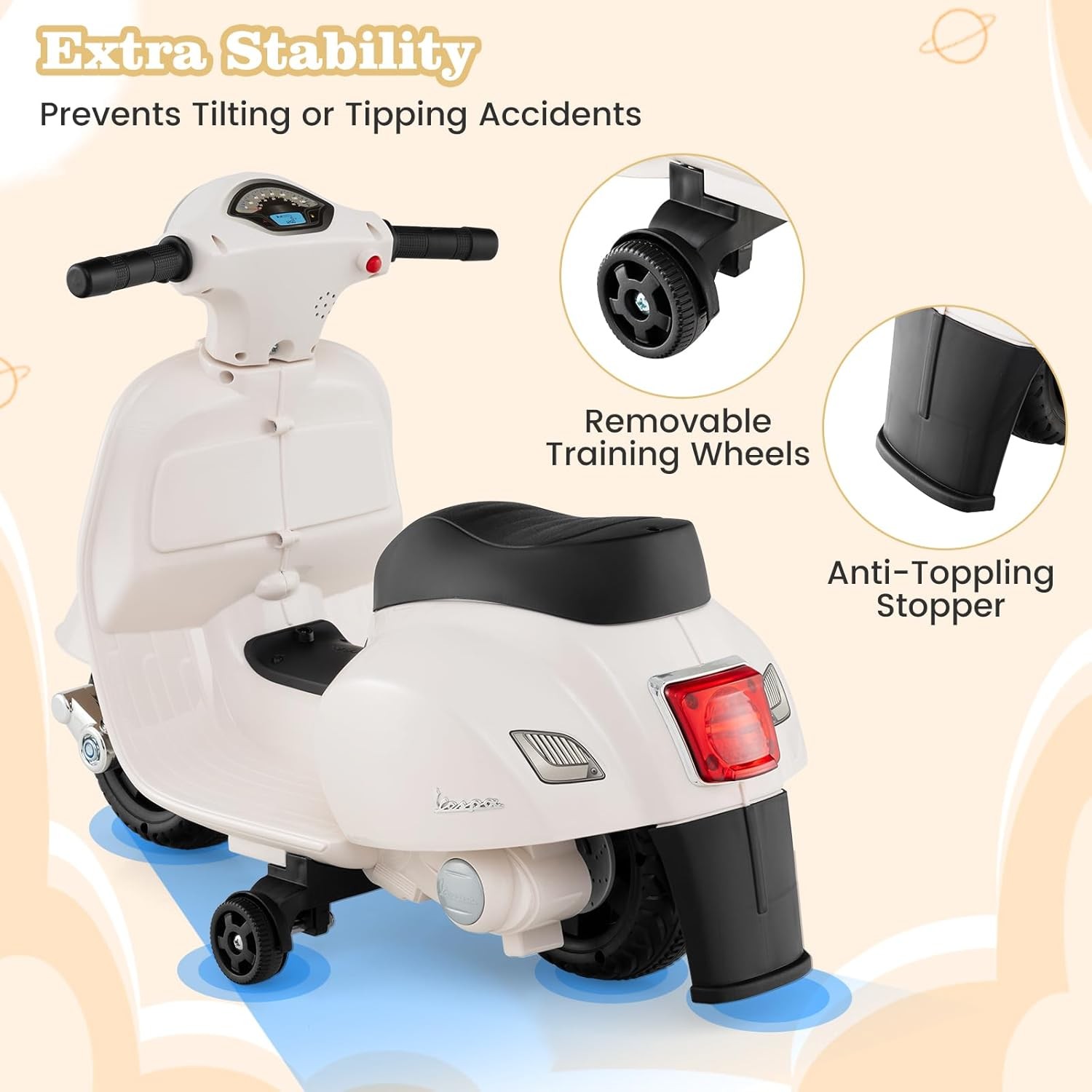 Kids’ Electric Vespa Motorcycle with Training Wheels and Realistic Design.