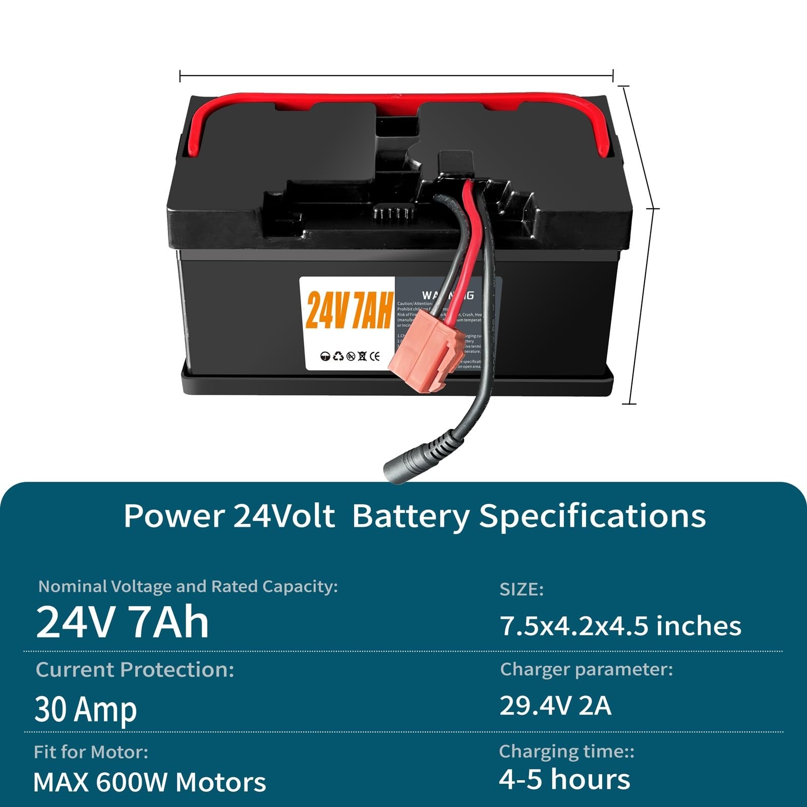 24V 7Ah Ride-On Car Battery, Lightweight & Long-Lasting with 2A Charger, 4×4 UTV