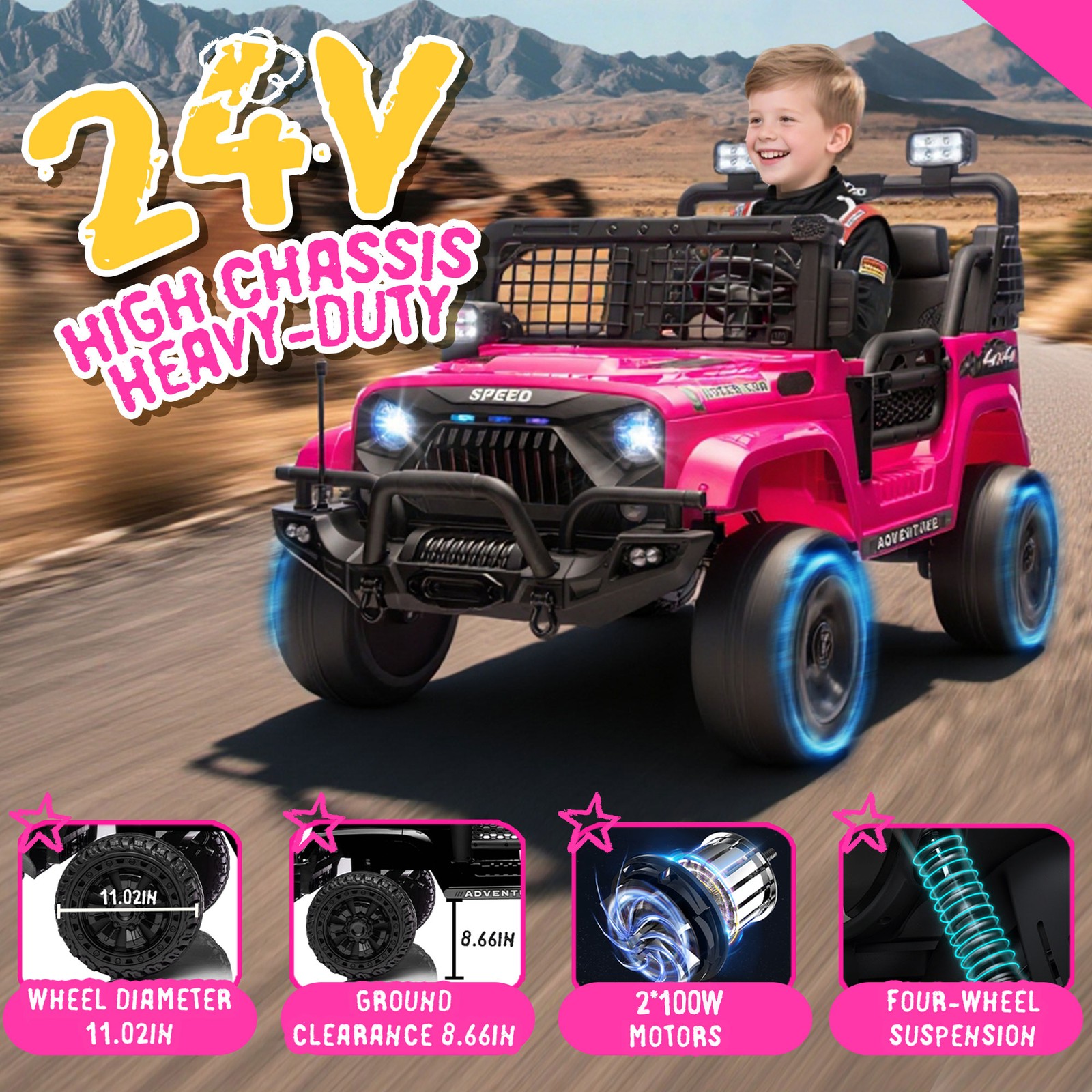 24V 2-Seaters Electric Jeep Truck Ride on Car Toy for Kids 3-8 w/ Remote Control