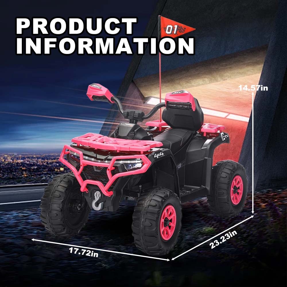 24V Pink ATV Ride-On Car Battery Powered w/ LED Lights, Bluetooth for Ages 3-6 Y