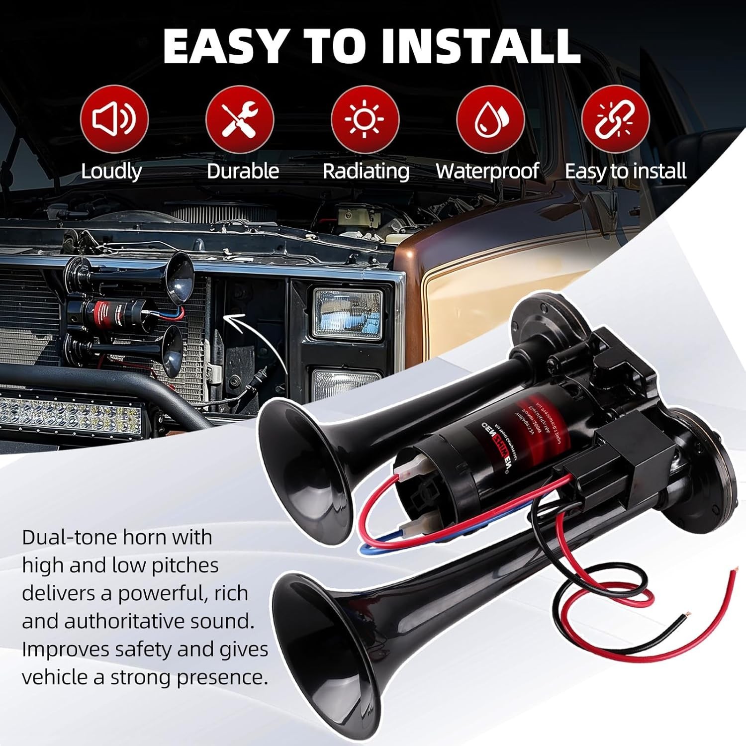 Air Horn for Car/Trucks, 150dB Super Loud Train Horn,with All-in-One 12V Air Com