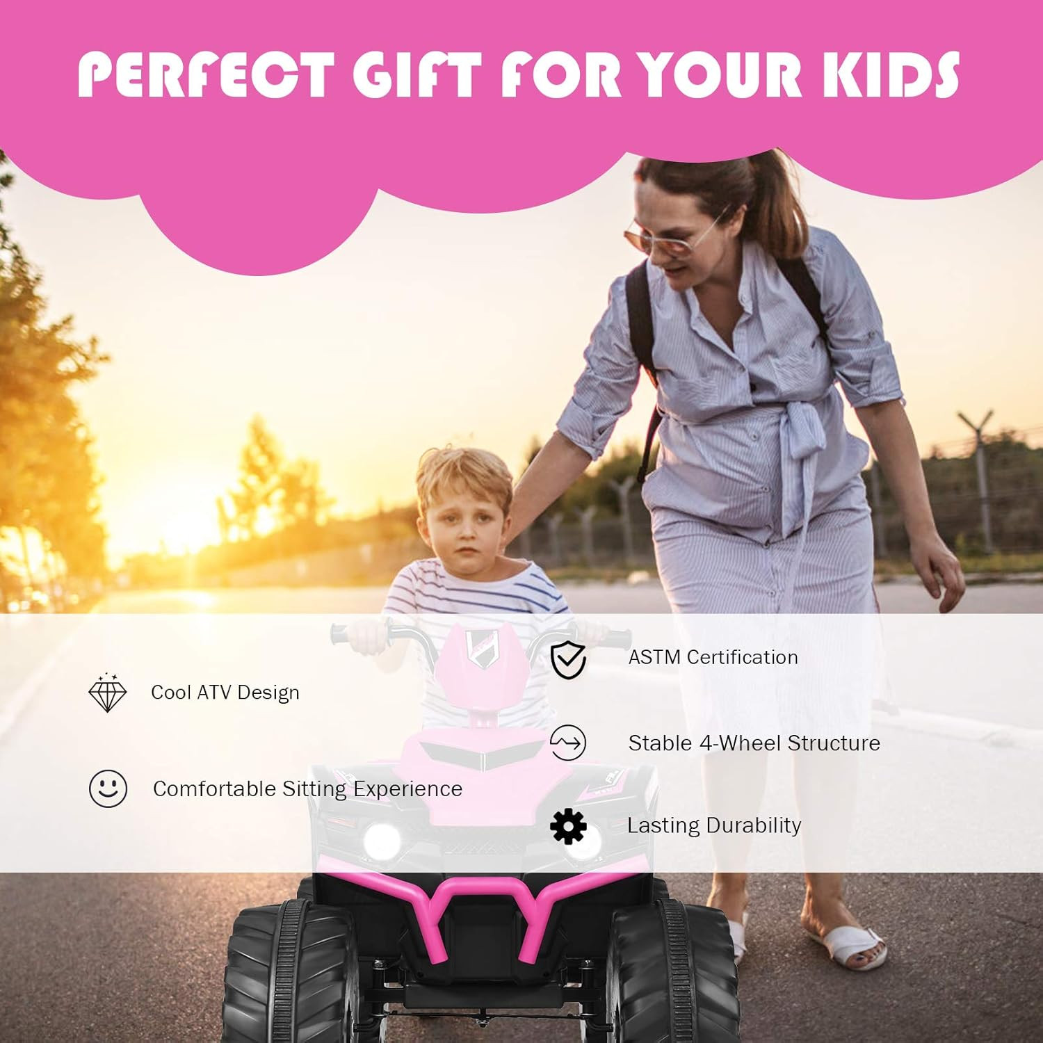 Kids ATV, 12V Battery Powered Electric Vehicle W/Led Lights, High & Low Speed, H