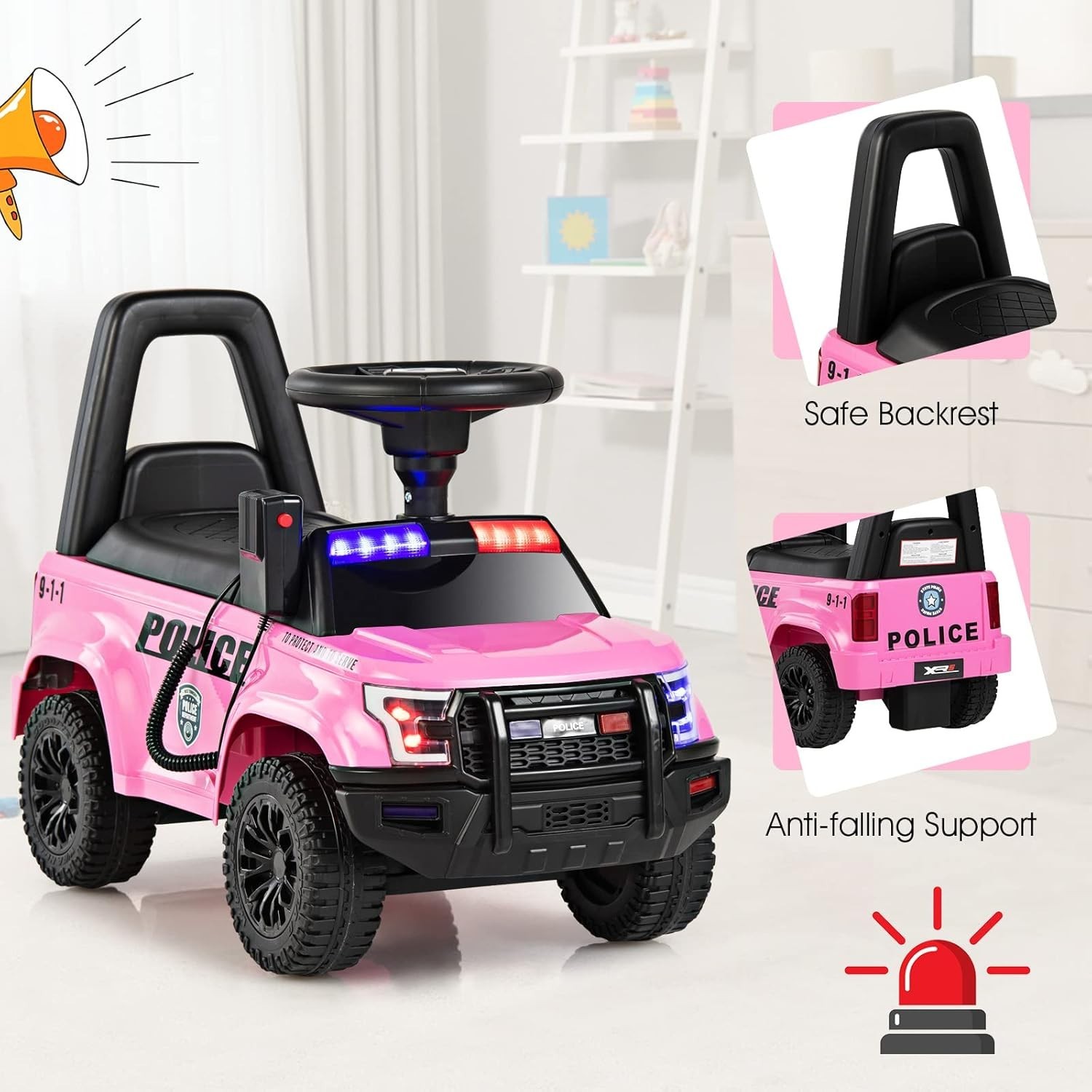 Kids Pink Police Ride On Car: Steering, Siren, Storage, 55lb Max Weight