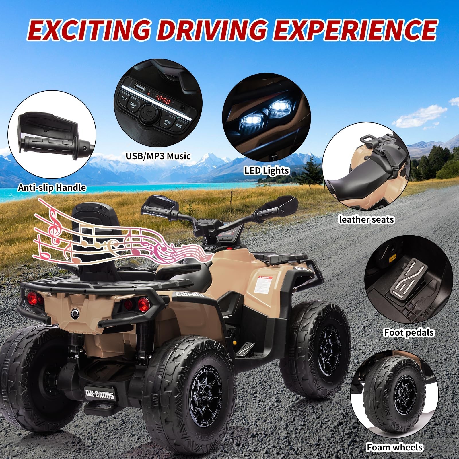 24V Kids Ride On Car Electric ATV Toy Car 2 Seaters Leather Seat 3 Speeds Music