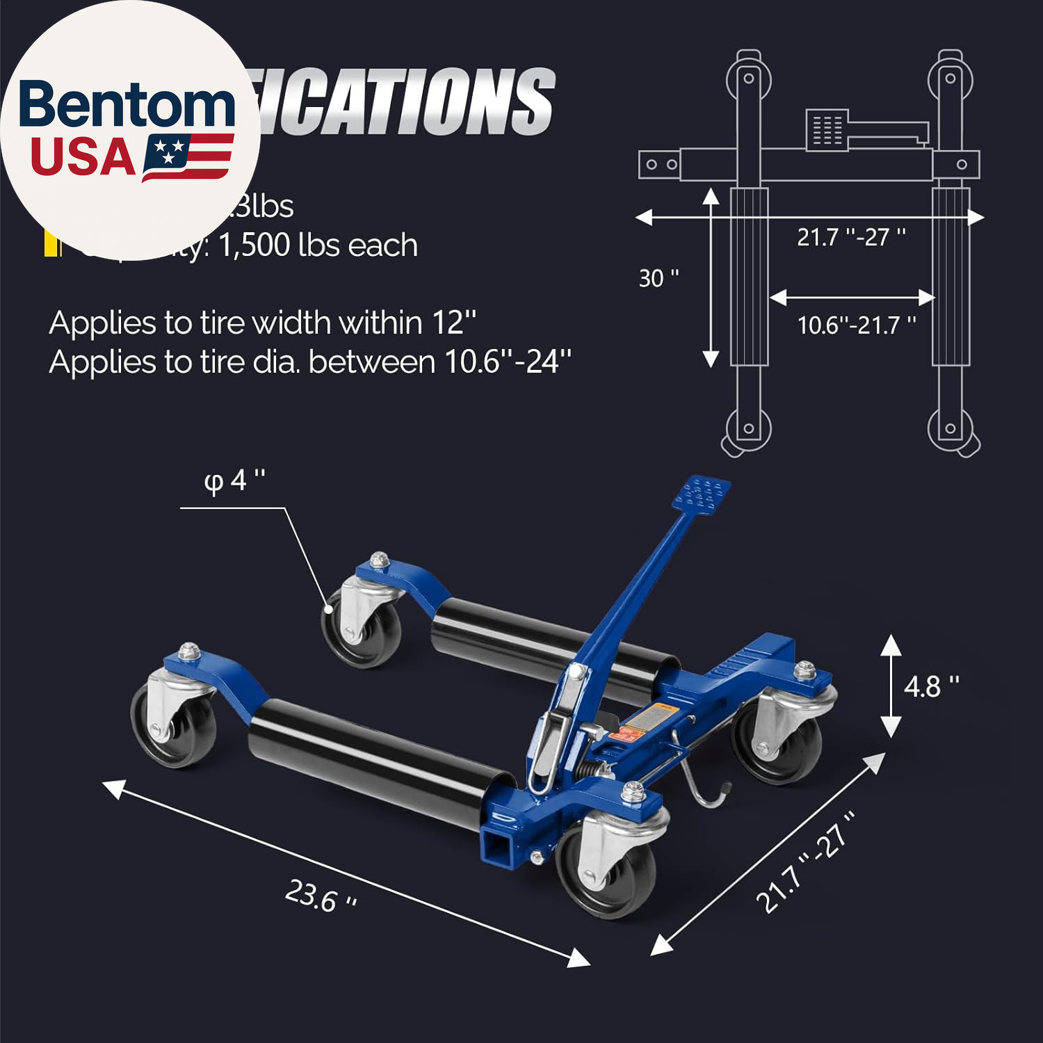 Car Wheel Dolly Jack Set of 4, Mechanical 1500-Lbs Car Skates, 12” Wheel Vehicl