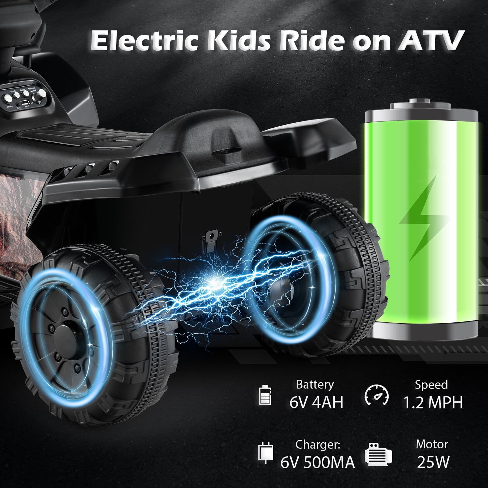 6V Kids ATV Quad Electric Ride on Car Toy Toddler W/Led Light&Mp3 Black