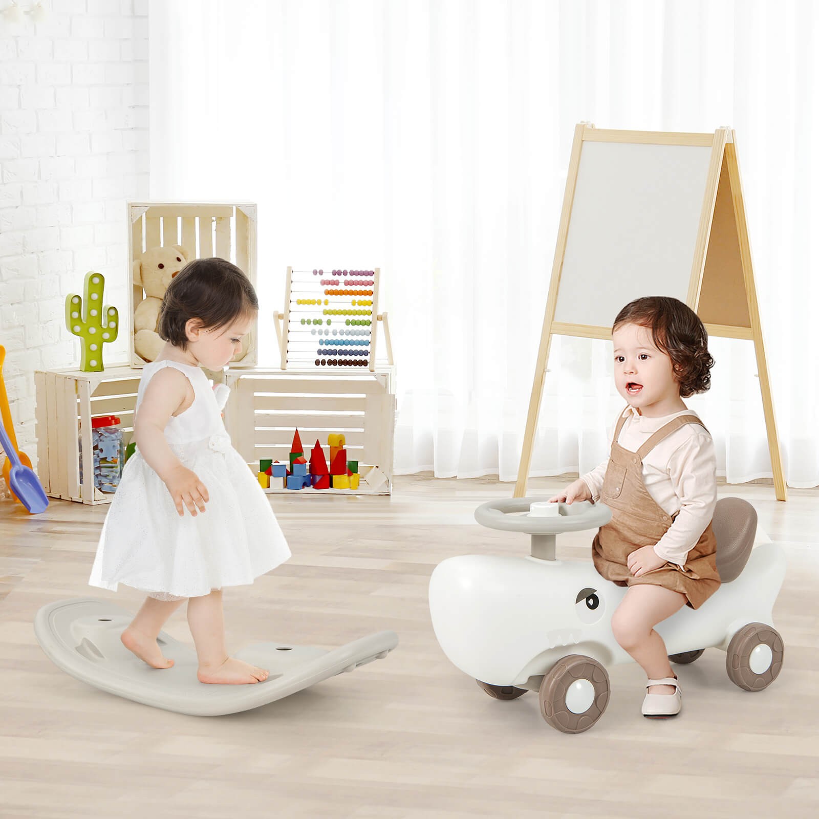 Kids 3-in-1 Rocking Horse & Sliding Car w/ Smooth Wheels & Anti-slip EVA Strips