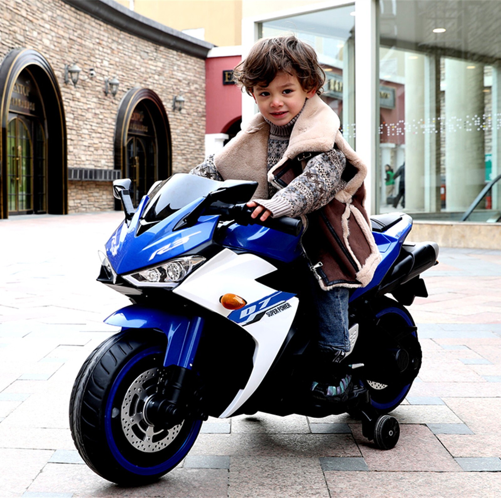 Kids Electric Motorcycle with Trainning Wheels for 3-6 Years Blue