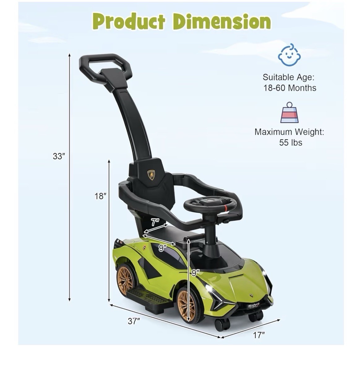 3-in-1 Licensed Lamborghini Ride on Push Car Stroller Sliding Car w/ Sound Green