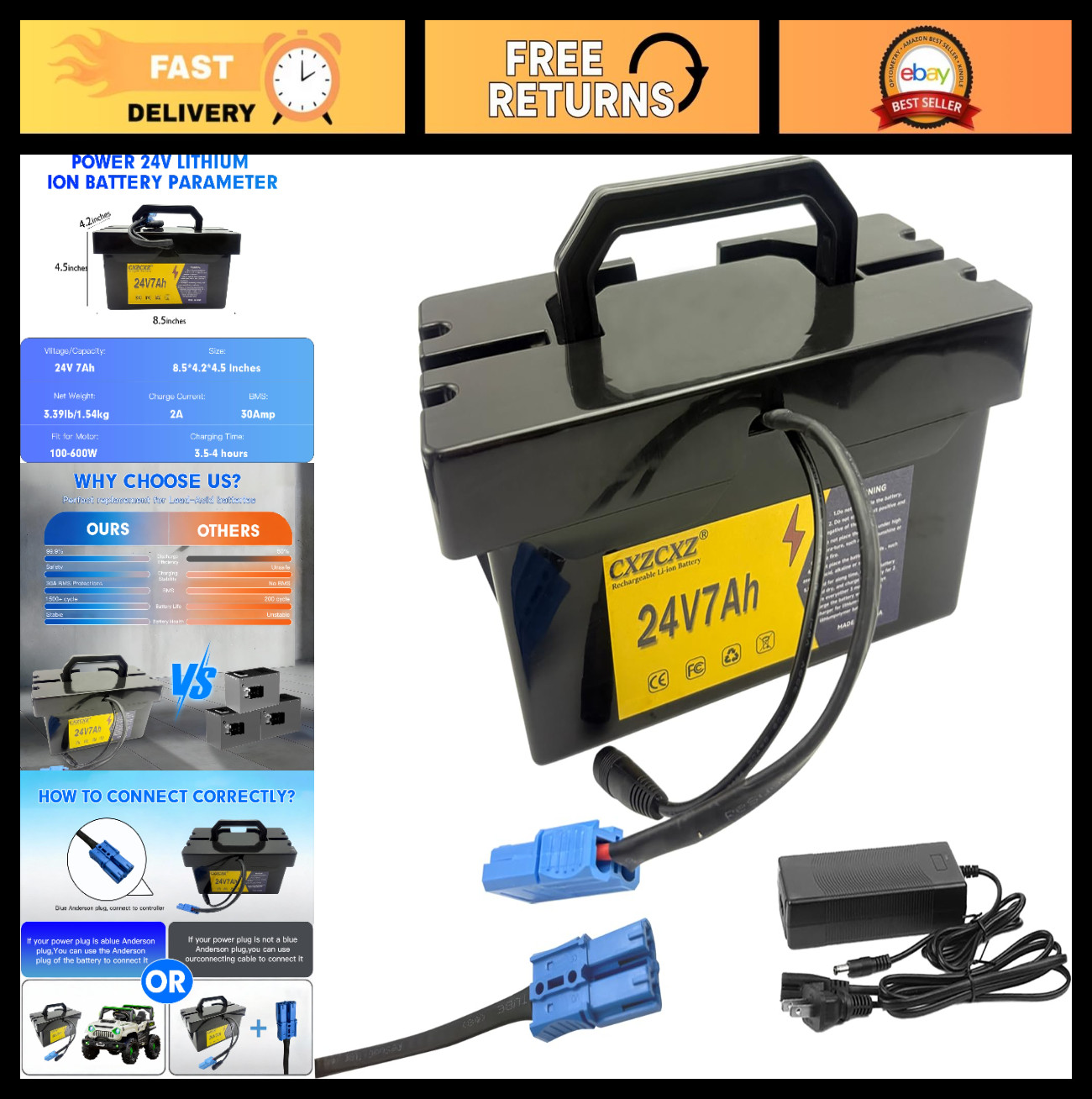 24V Lithium Battery for Kids Ride-On Toys & Cars, 2A Fast Charger, DIY Project