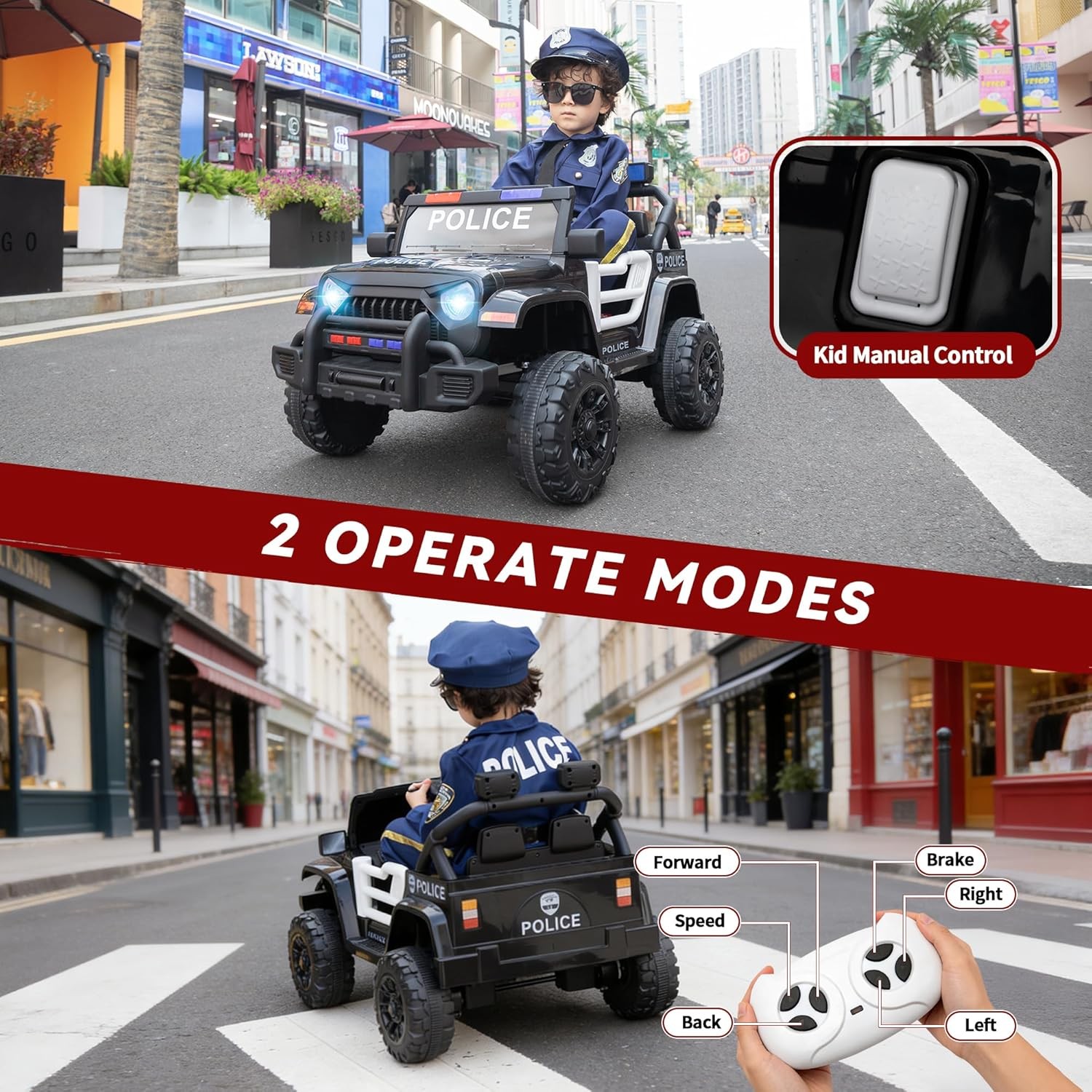 12V Police Car Ride-on Truck, Battery-Operated Electric Vehicle for Kids w/Music
