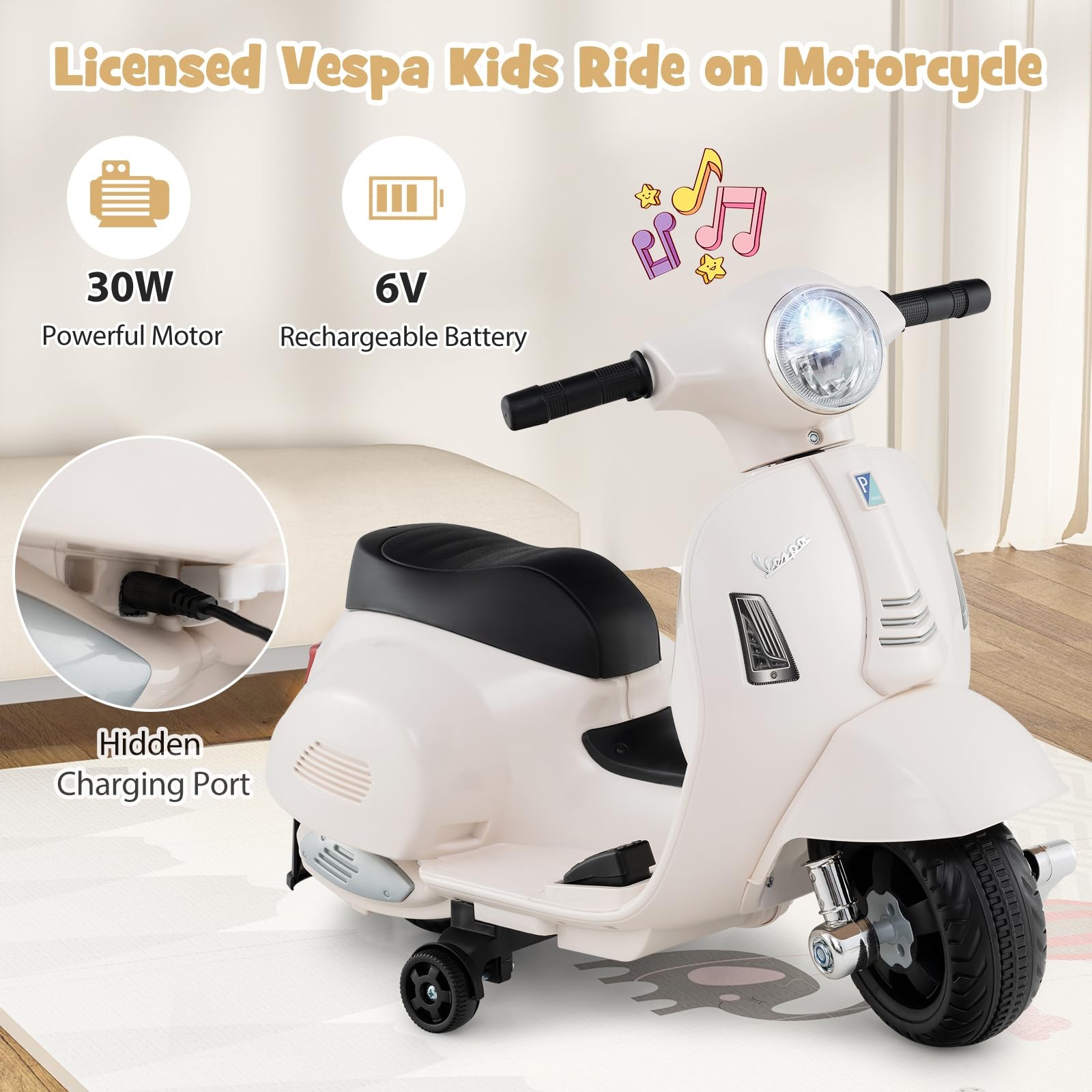 Costzon Toddler Motorcycle Licensed Vespa Ride On Motorcycle Training Wheels