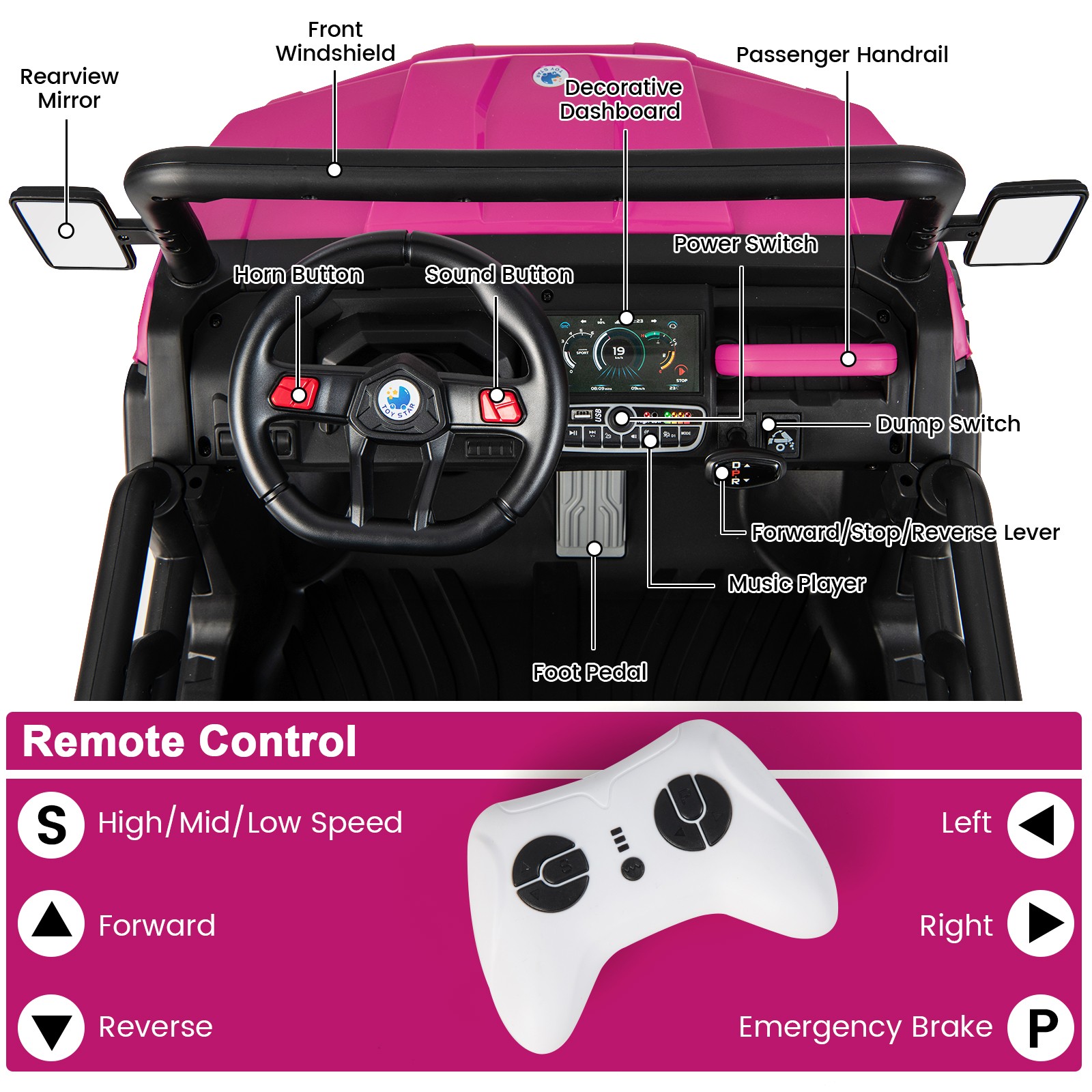 12V 2 Seater Ride On UTV Dump Truck Remote w/ Electric Dump Bed & Shovel Pink