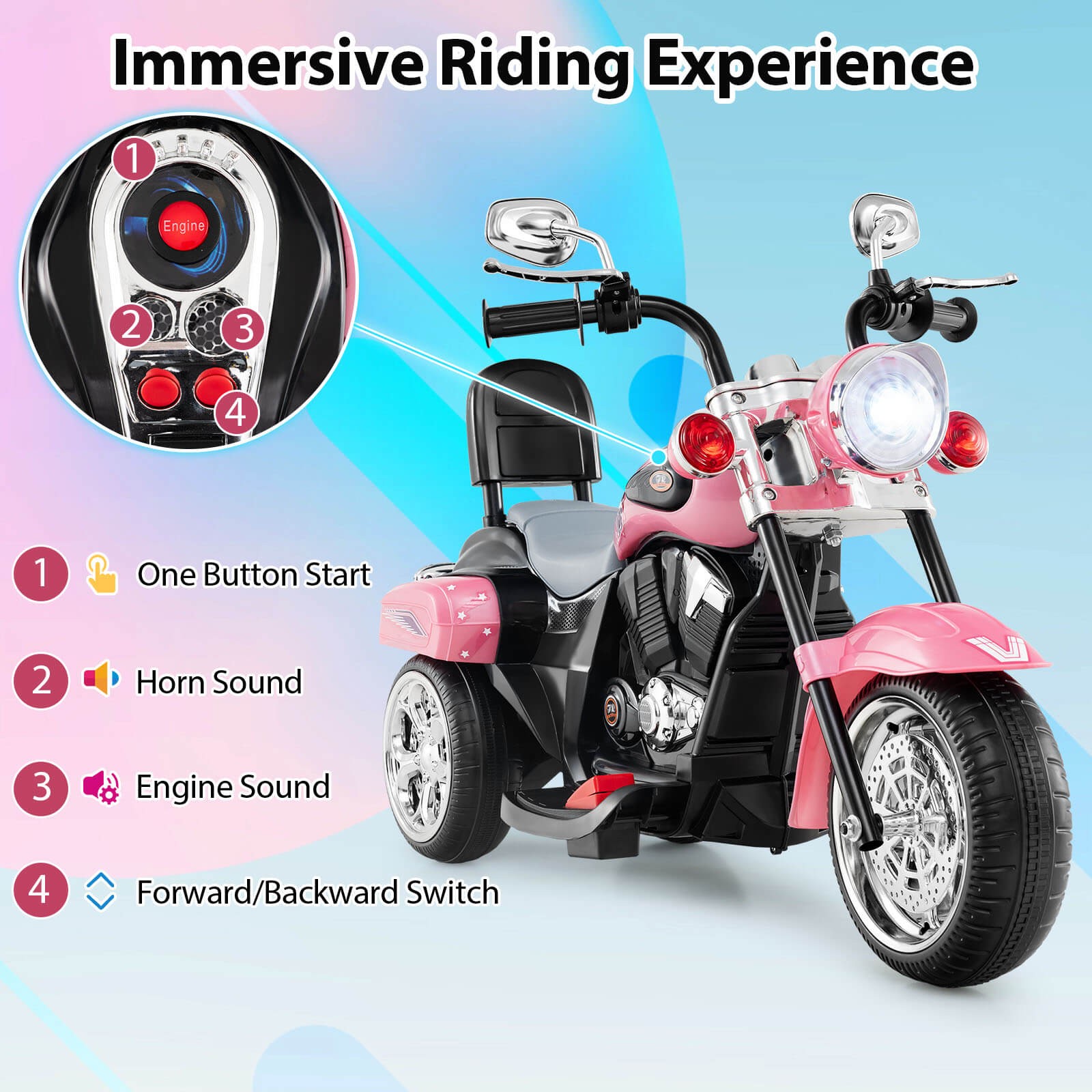 6V Kids Ride On Chopper Motorcycle 3 Wheel Trike w/ Headlight and Horn
