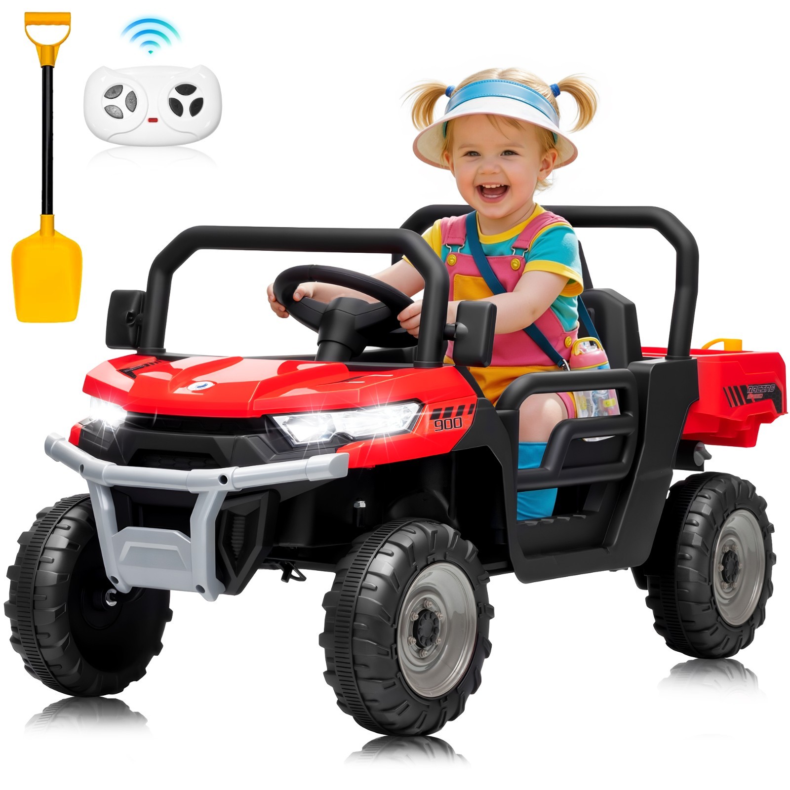 24V Kids UTV Dump Truck RC Spring Suspension Dump Bed Shovel Bluetooth LED Light