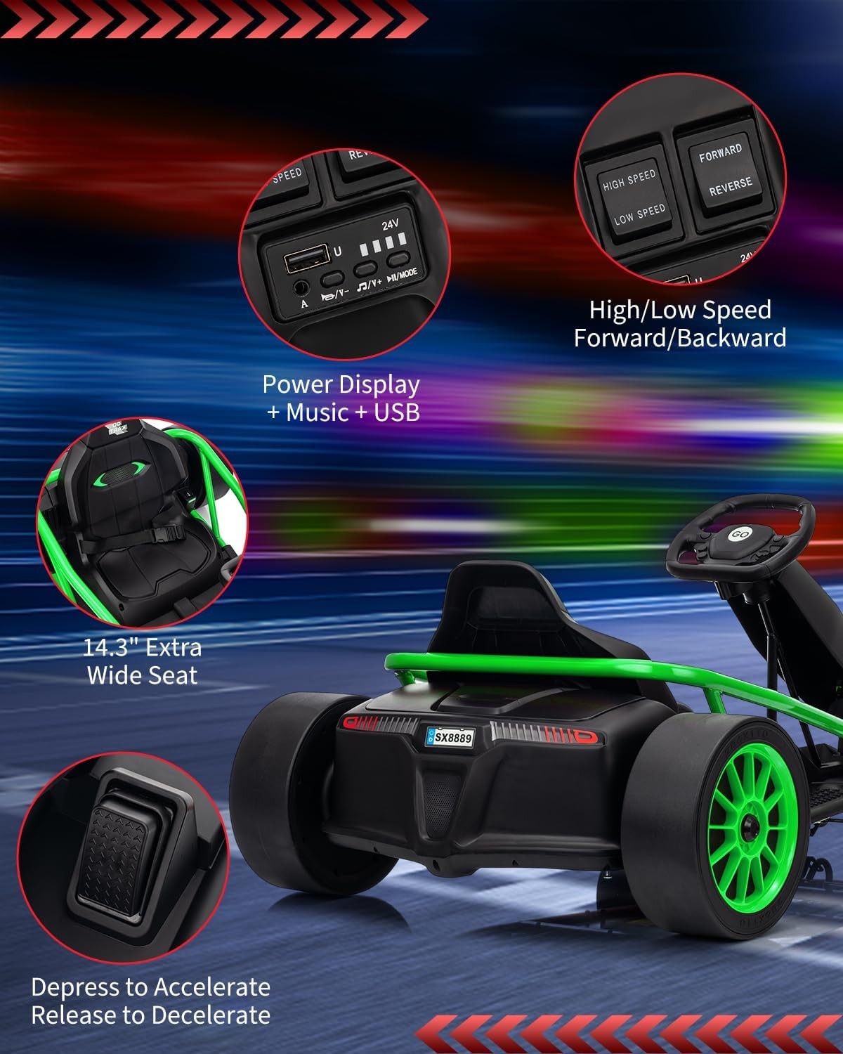 Ride On Go Kart for Kids,Fast Drifting Circling Car,Electric Ride Toy Slow-Green