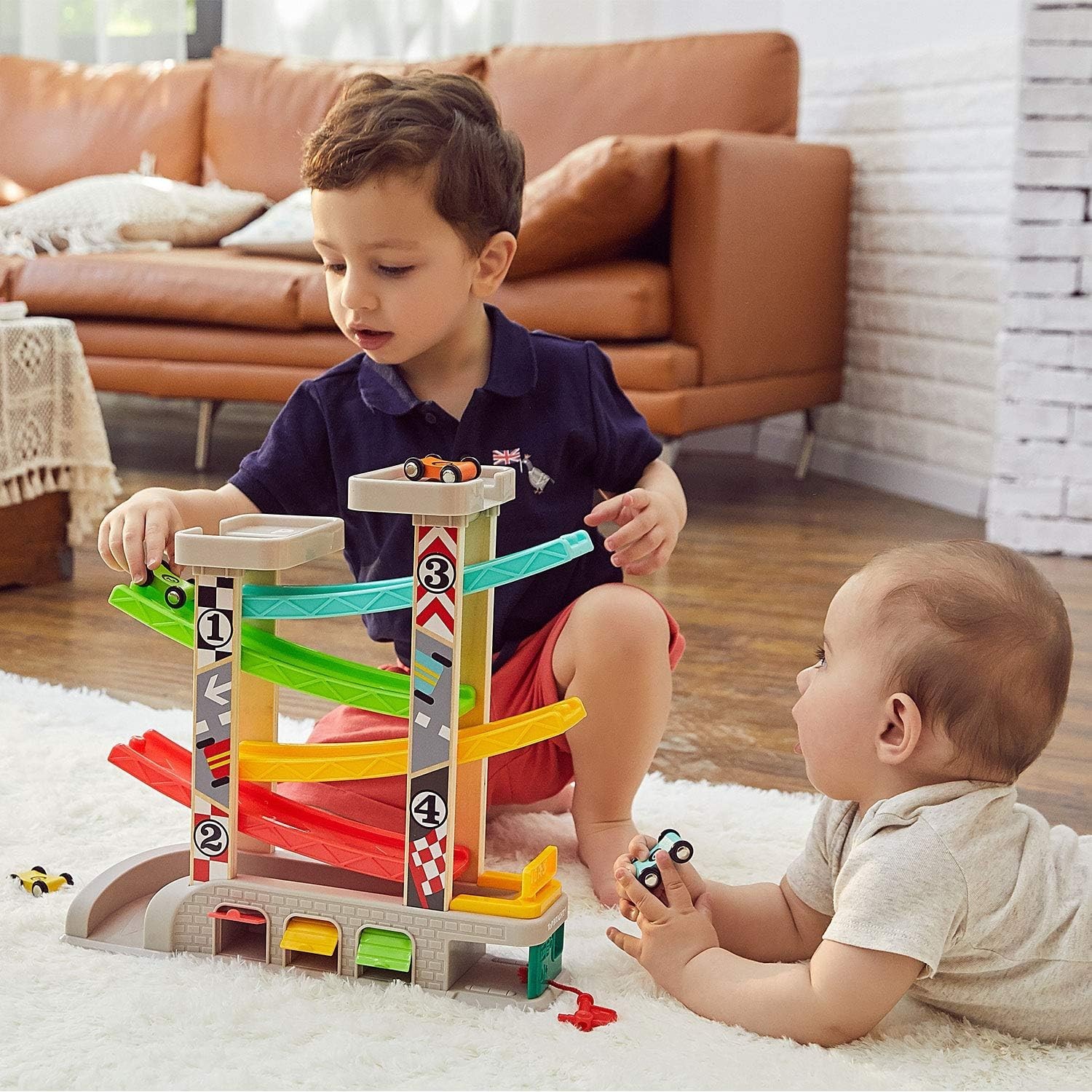 Delightful Car Ramp Race Track Toy for 2-3 Olds – 4 Wooden Cars Included