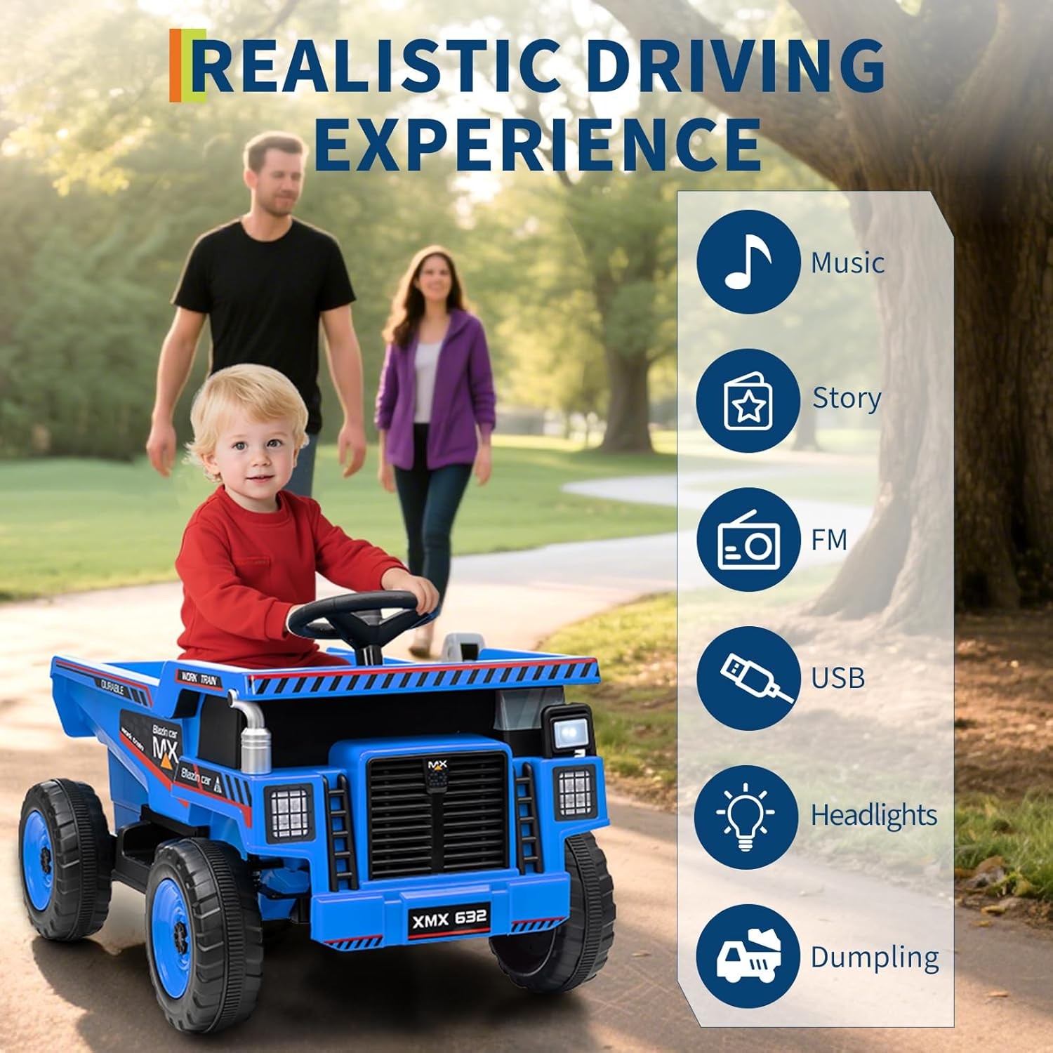 12V Ride On Dump Truck w/ Remote, Auto-Dump Bed, Shovel & Music for Kids 3-8