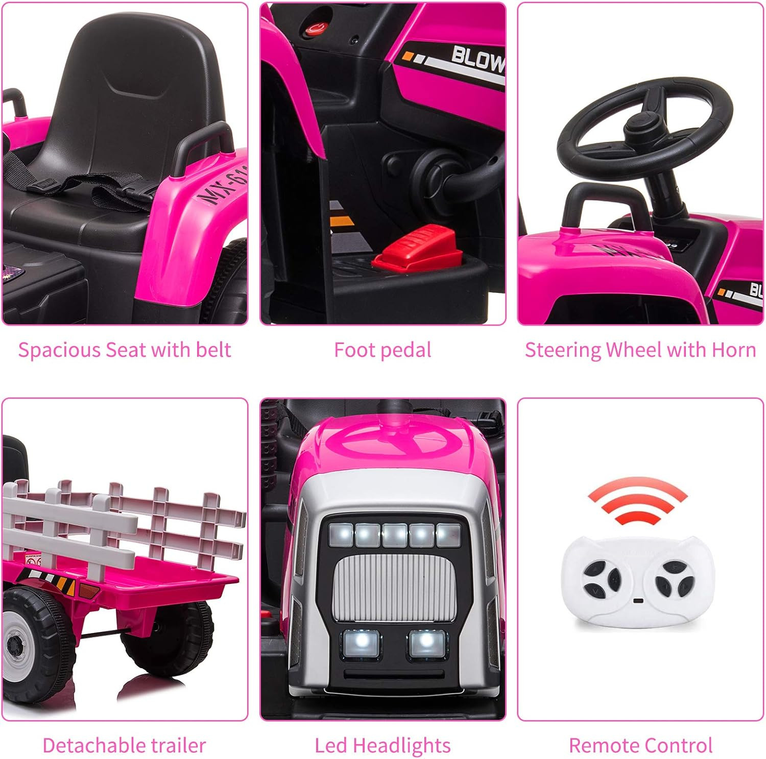 12V Kids Battery Powered Electric Tractor with Trailer, Toddler Ride on Car with