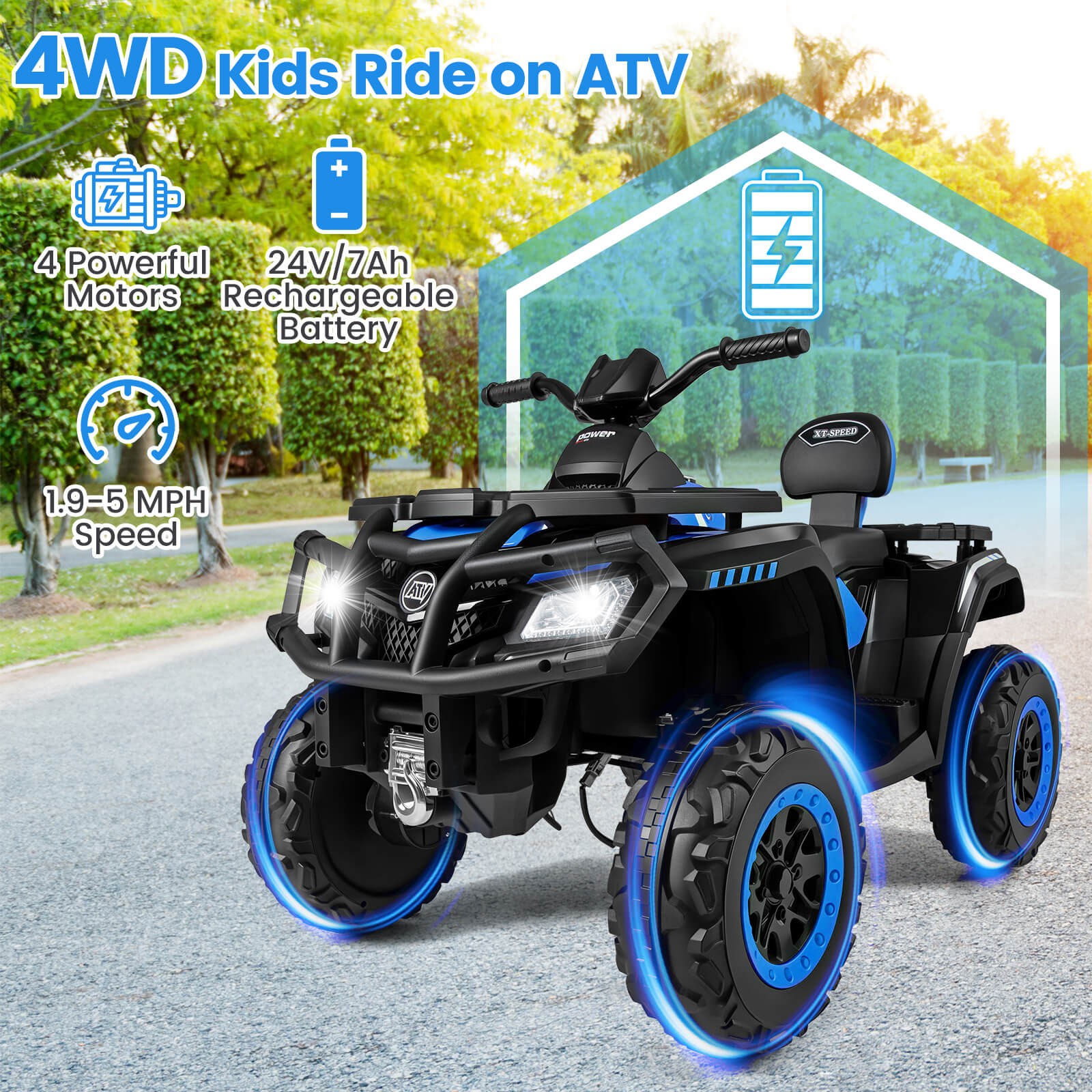24V 2-Seater 4-Wheeler Quad Electric Vehicle w/ 4 Motors, Soft Start LED Lights
