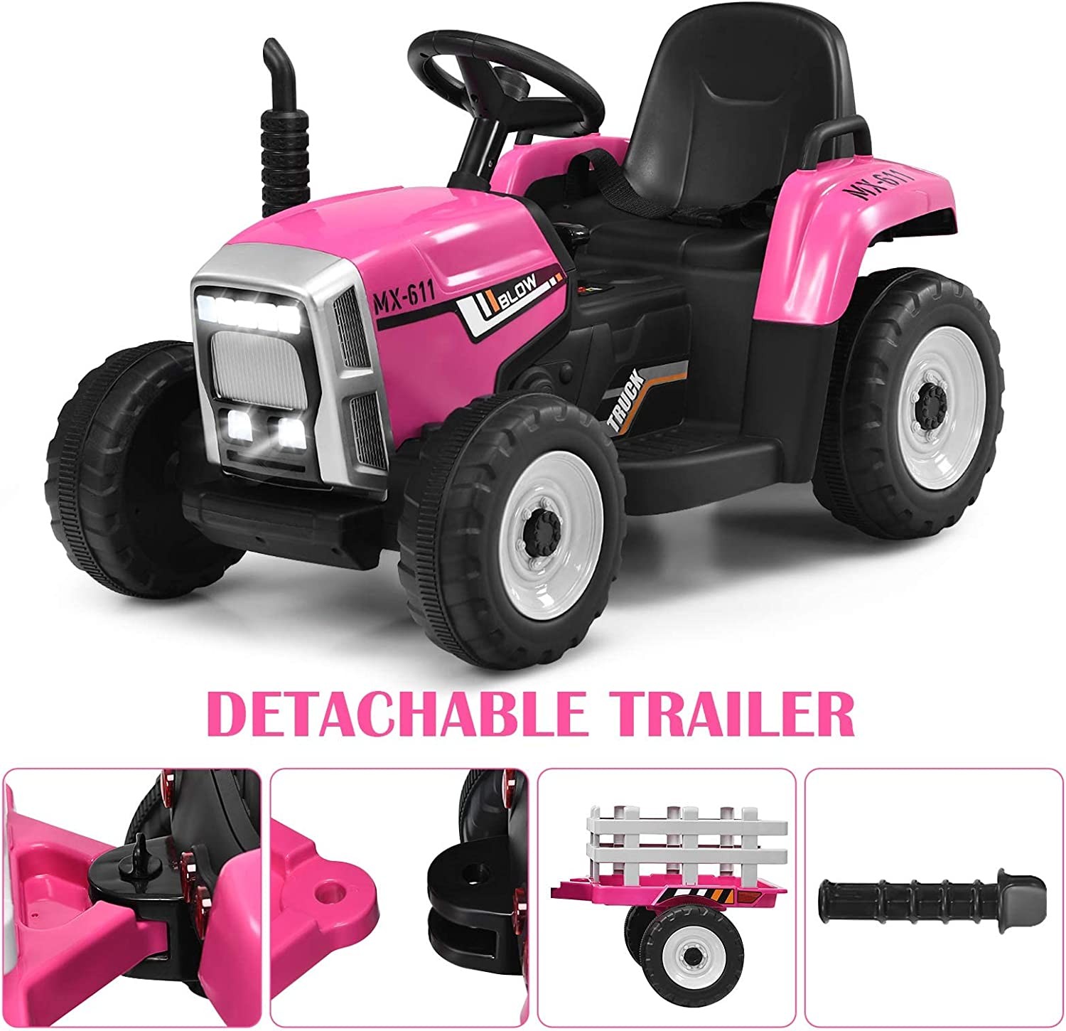12V Kids Ride On Toys Tractor Battery Powered Electric Car with Trailer LED USB