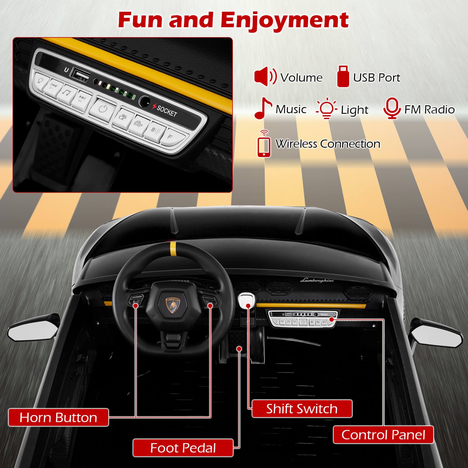 4WD 2-Seater Ride on Car, Licensed Lamborghini Kid’s’ Vehicles w/ Remote Control