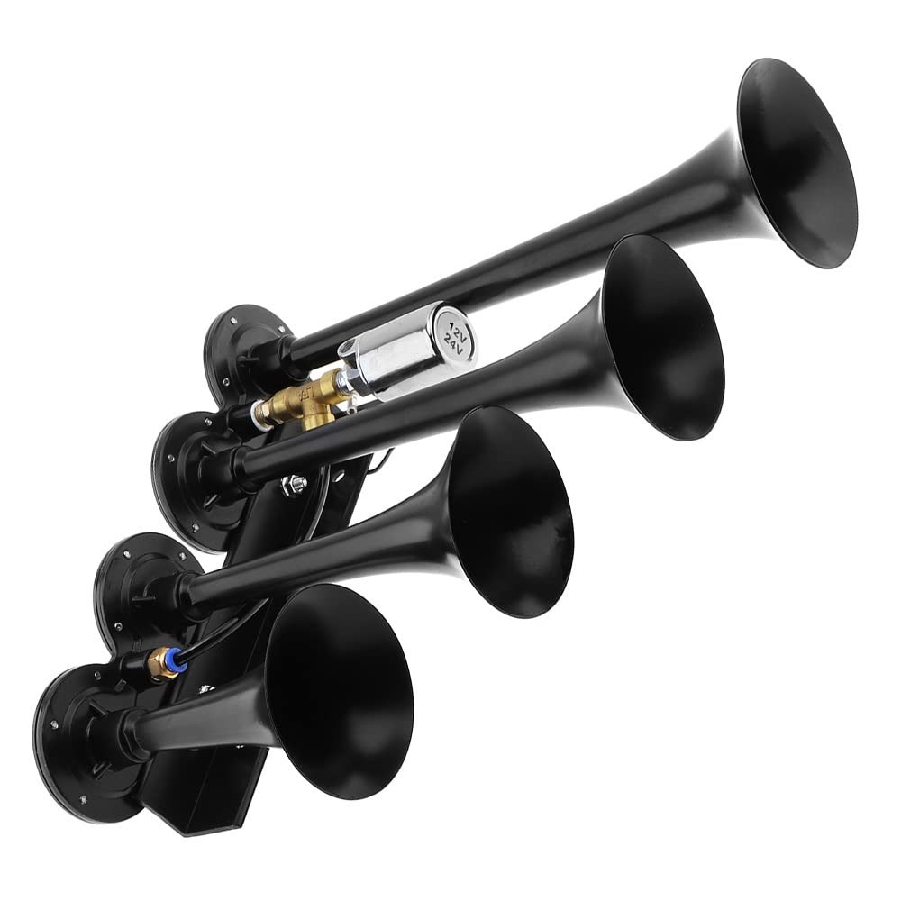 12V / 24V Truck Train Air Horn, 185dB Super Loud Four Trumpet Air Horn for Ca…