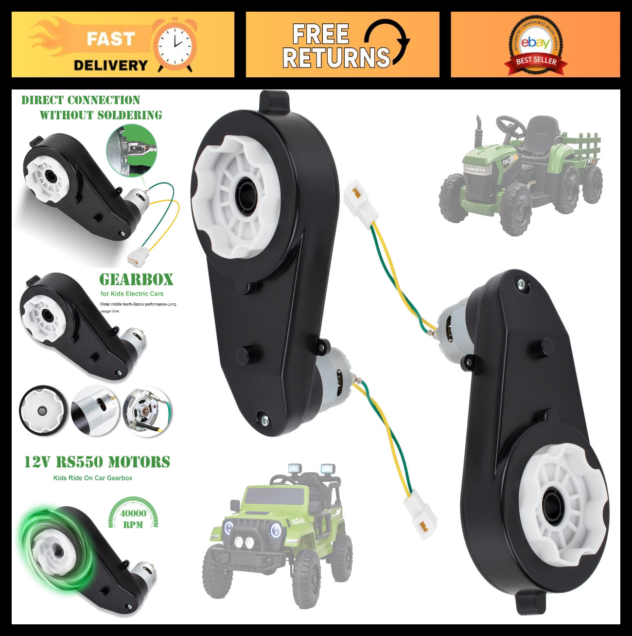 2Pcs 12V High-Speed 40000RPM Electric Motor Gearbox for Kids Ride-On Cars