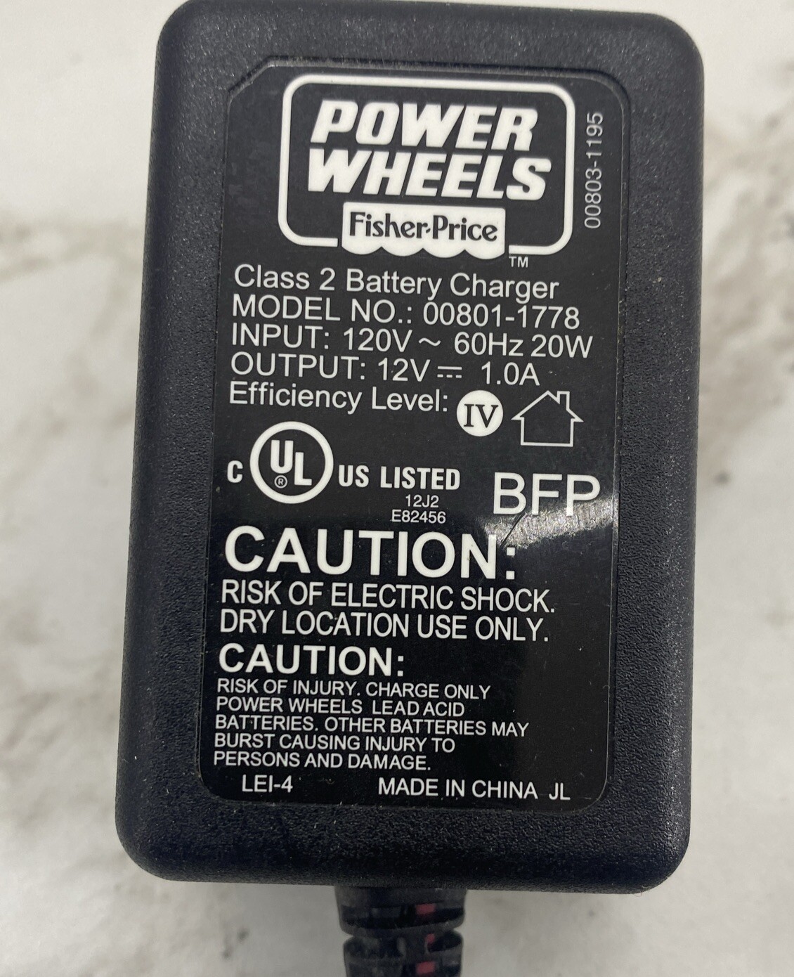 Replacement 12-Volt UL Listed Charger for Fisher-Price Power Wheels 00803-1195