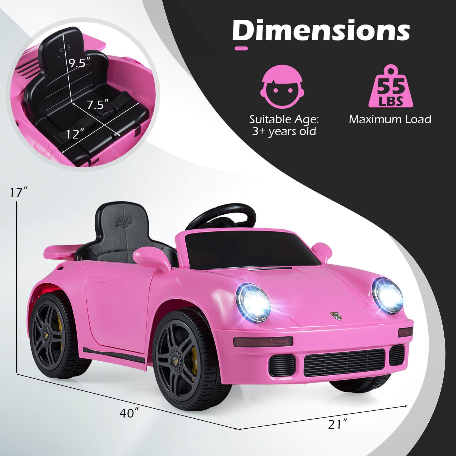 12V Licensed RUF CTR Kids’ Electric Vehicle w/Remote Control LED Lights Music