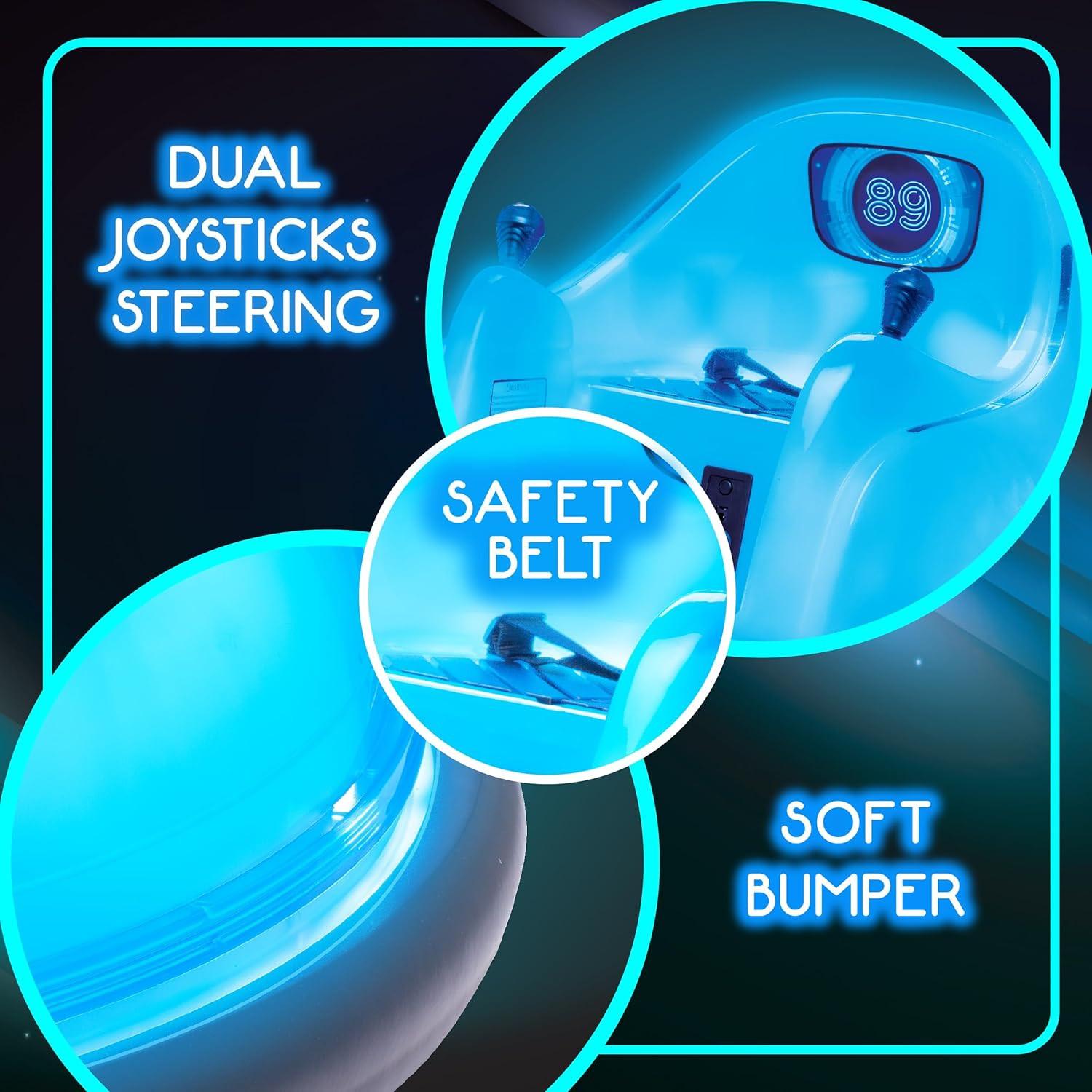 6V Blue Glow Bumper Car for Kids – LED Ride-On Toy with 360° Spin, Rechargeable