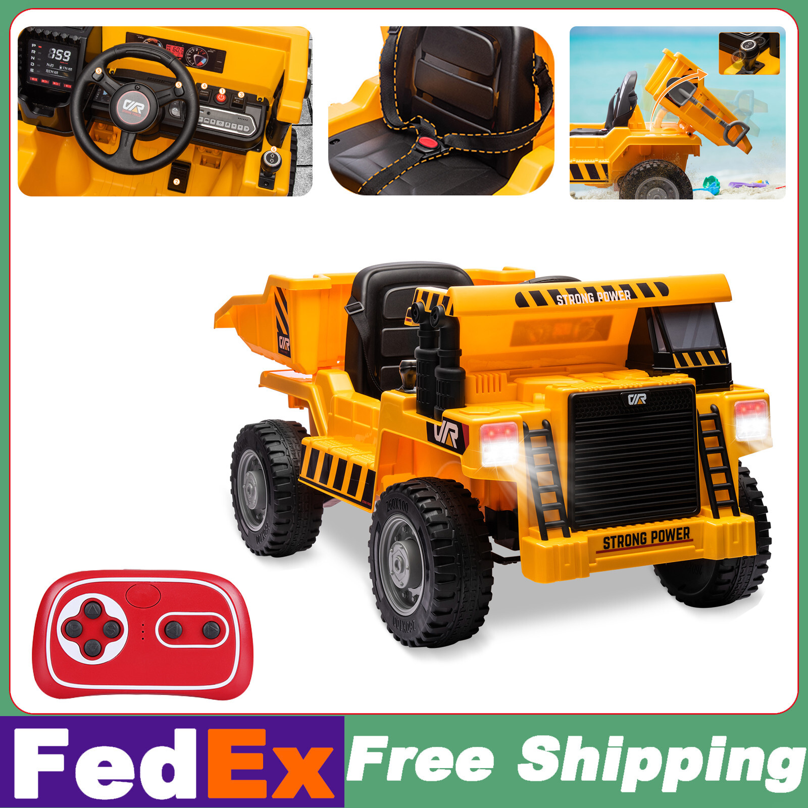Kids’ 12V Electric Ride-On Dump Truck with Electric Bed, Shovel & Music Feature!