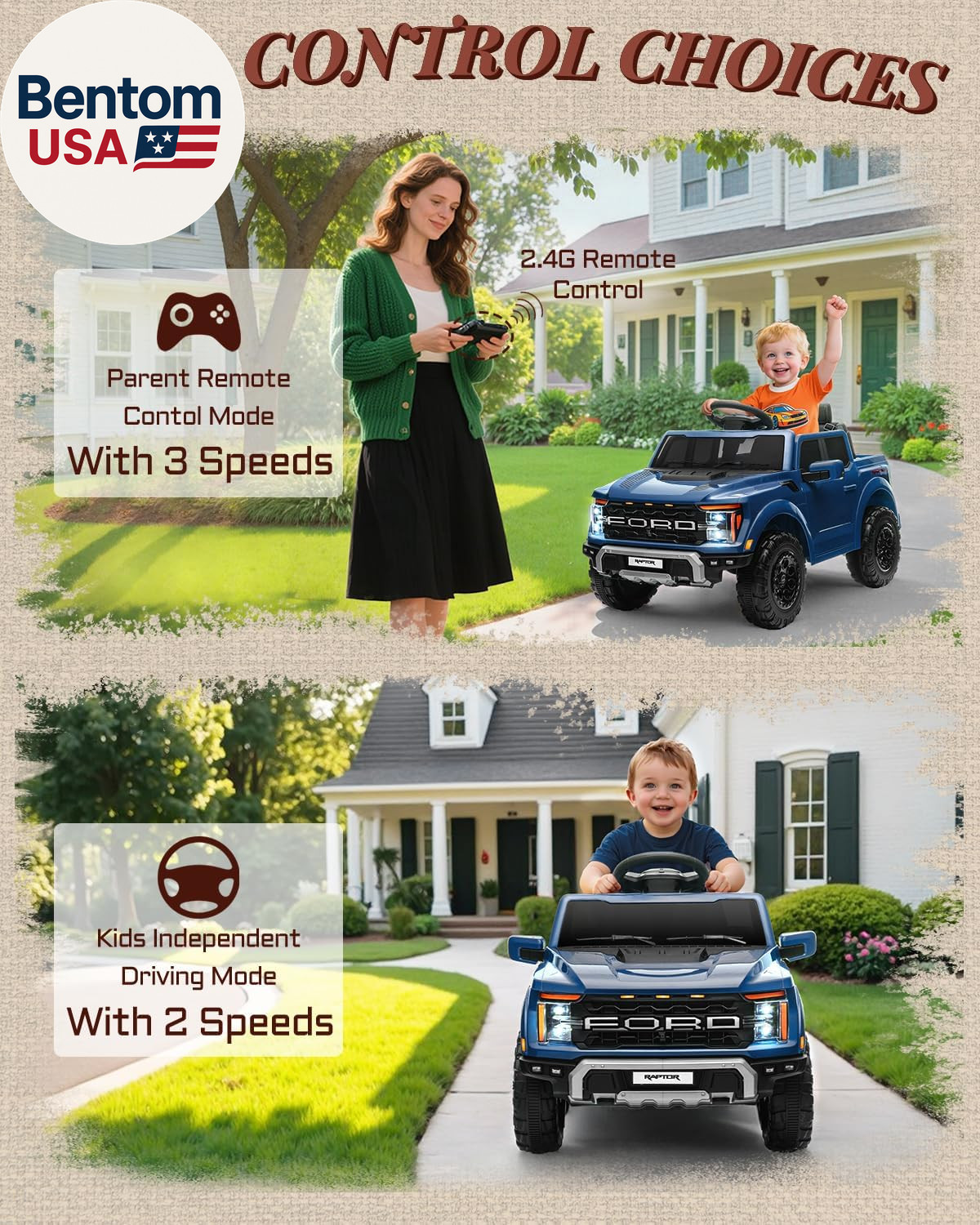 12V Electric Car for Kids, Licensed Ford F-150 Raptor Toddler Ride on Toys with