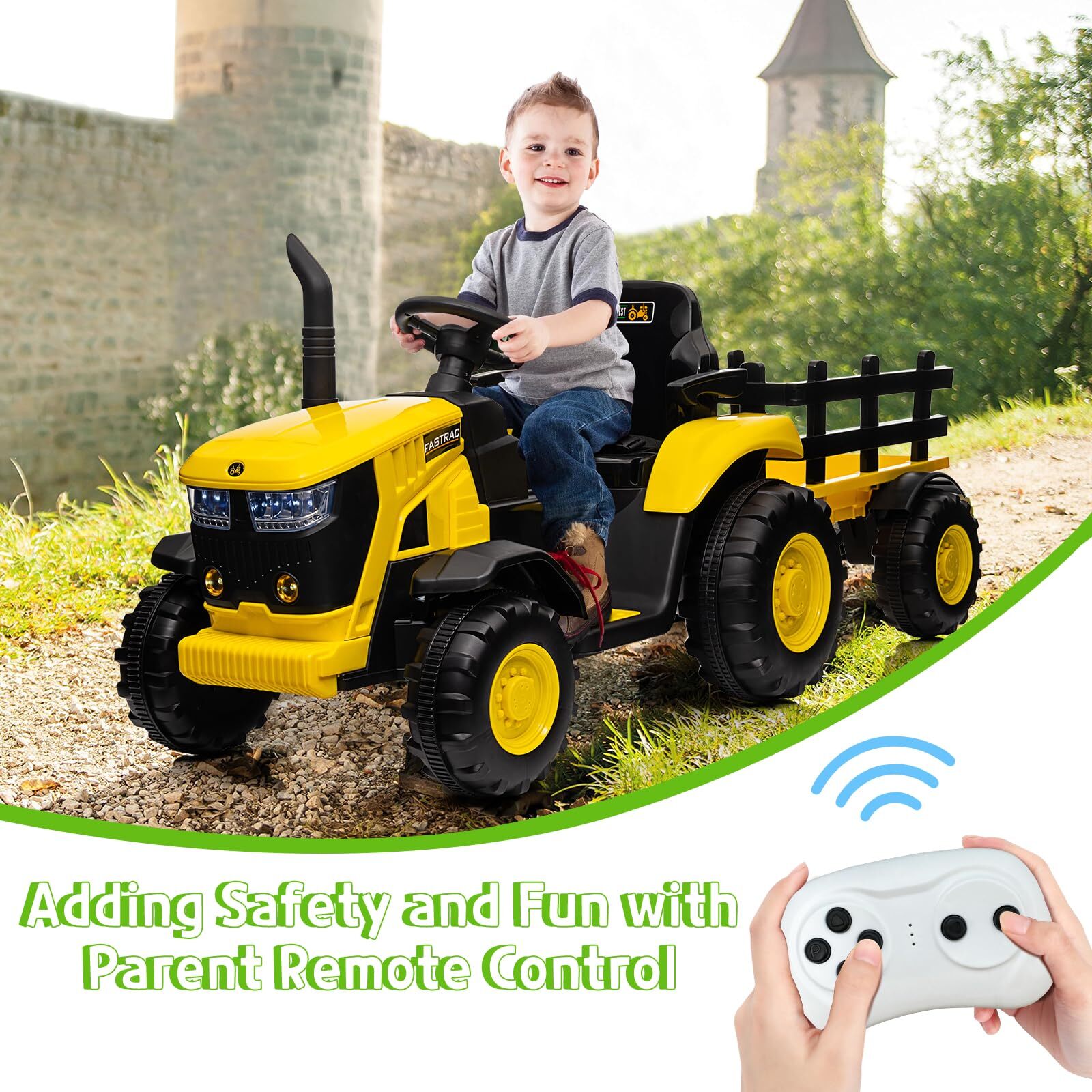 Electric Kids Ride-On Tractor with Trailer Dual Motors Led Lights Music Mode