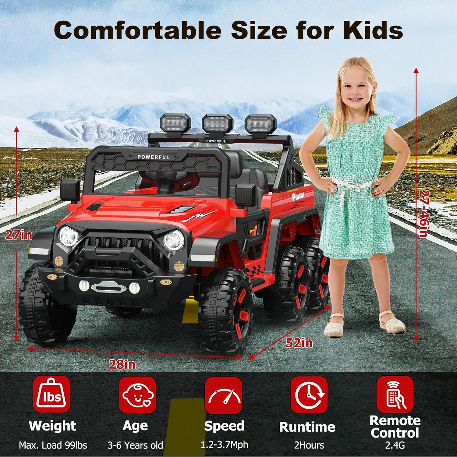 24V Ride on Toys for Big Kids Electric Car 4WD with 6 Wheels 3 Speeds Red