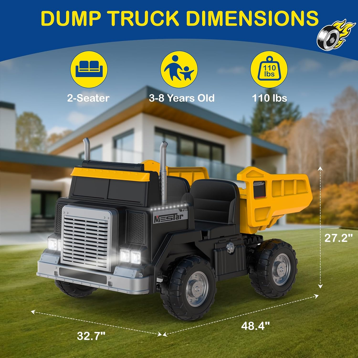 OP60 24V 2-Seater Ride on Dump Truck for Big Kids, 2X200W Powerful Rear Motors,