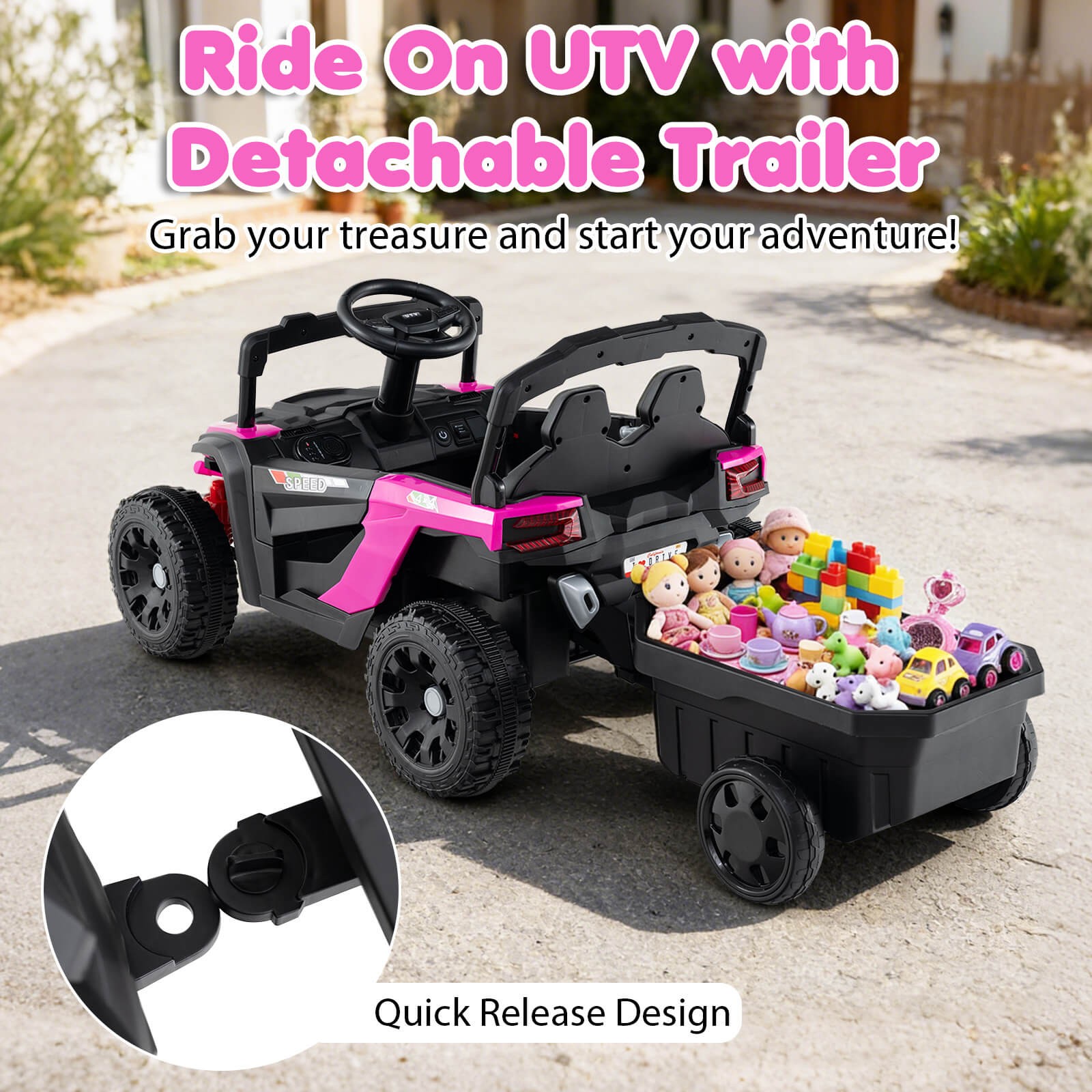 12V Kids Ride On UTV w/Detachable Trailer, Remote Control, 3 Speeds, LED Lights