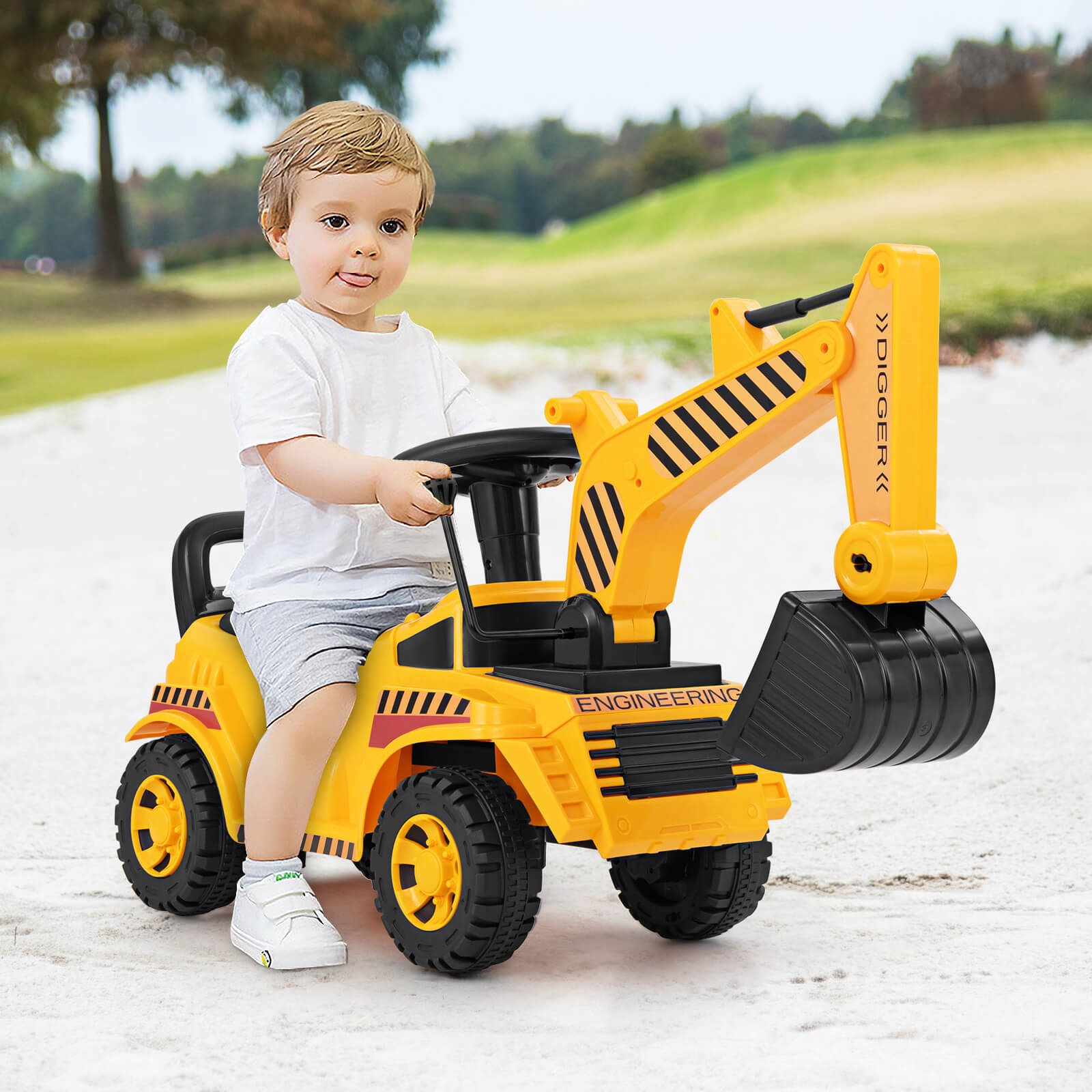 Kids Ride on Excavator w/ Adjustable Shovel Anti-Tipping Block Engine Sound