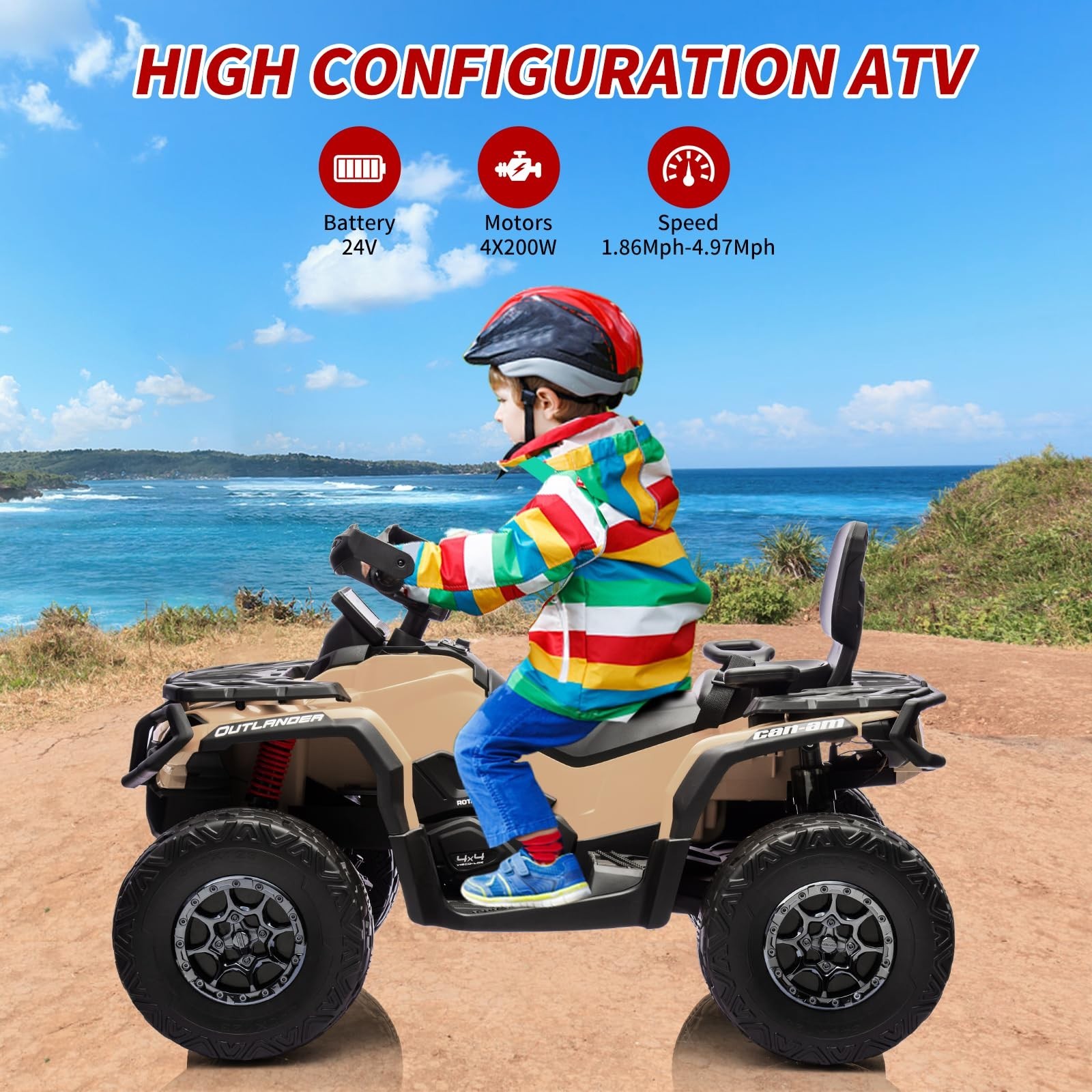 24V Kids Ride On Car Electric ATV Toy Car 2 Seaters Leather Seat 3 Speeds Music
