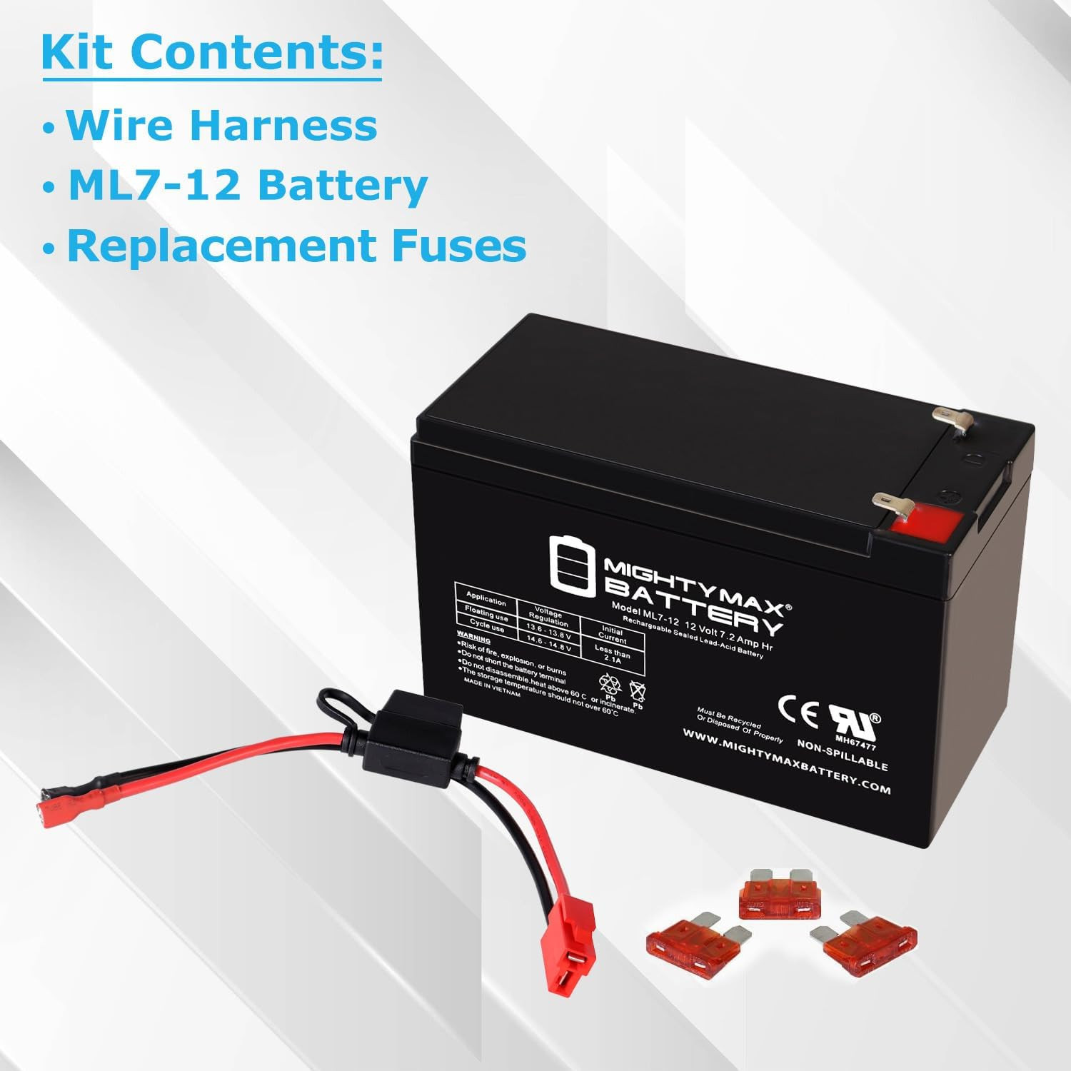 Drop in Replacement for 12V Ride on Vehicle with 7Ah Battery Kit and Harness wit