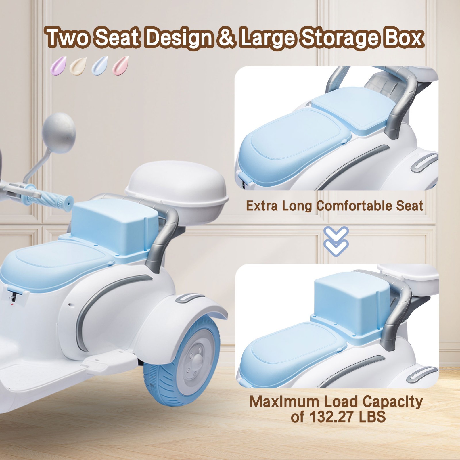 12V Ride on toys Kids Electric Motorcycle 2 Seater w/Bluetooth,LED, Blue