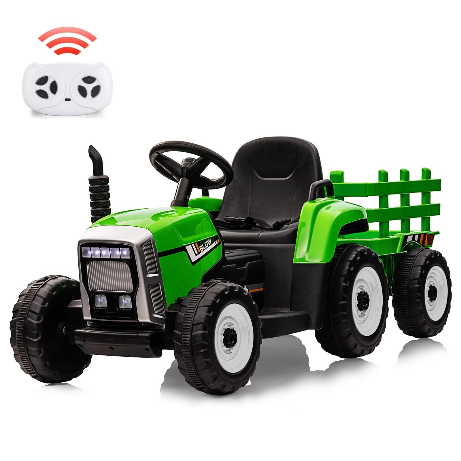 12V Battery Powered Electric Tractor with Trailer, Toddler Ride On Car w/Remote