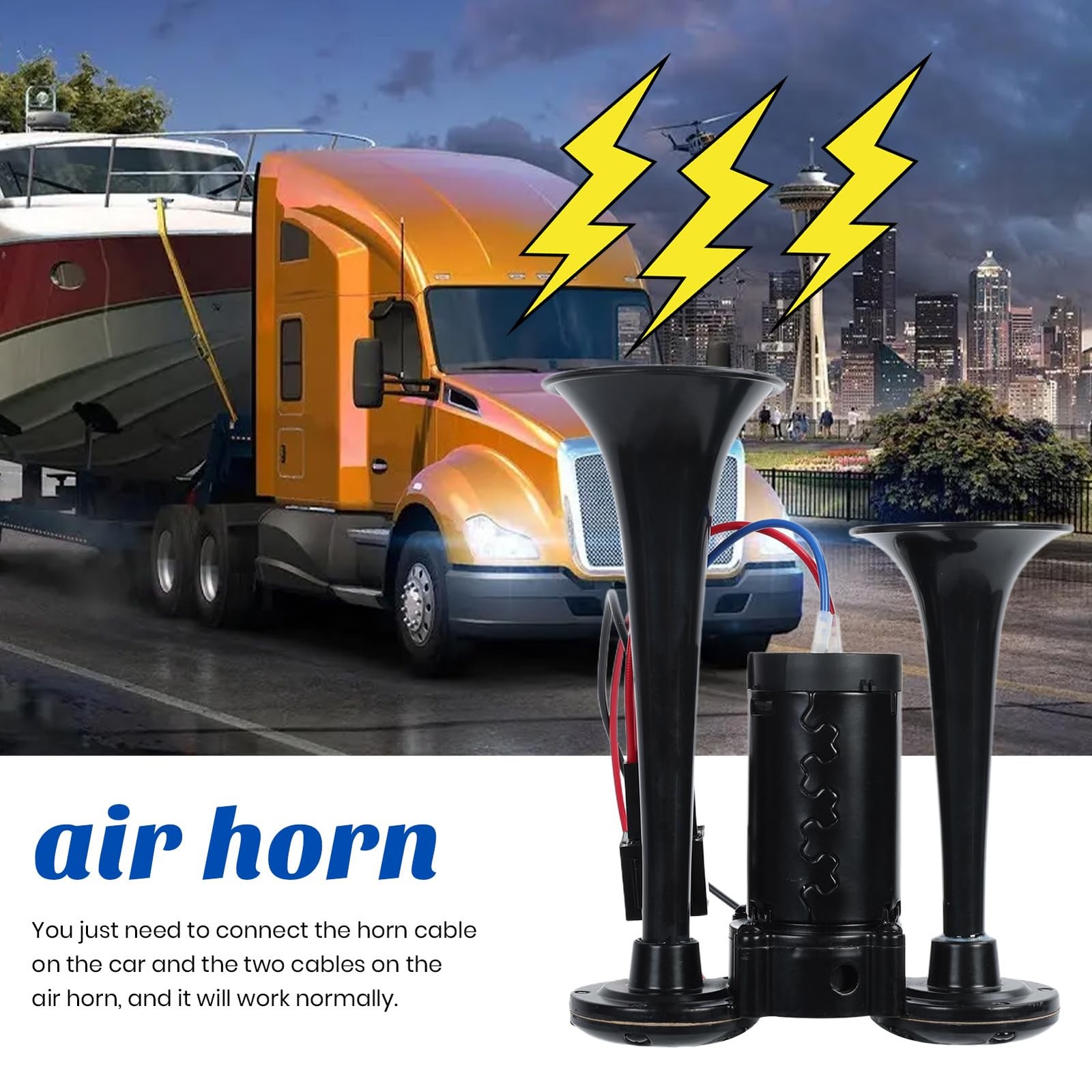 600dB Super Loud Dual Electric Air Horn Kit Compressor Black Vehicle