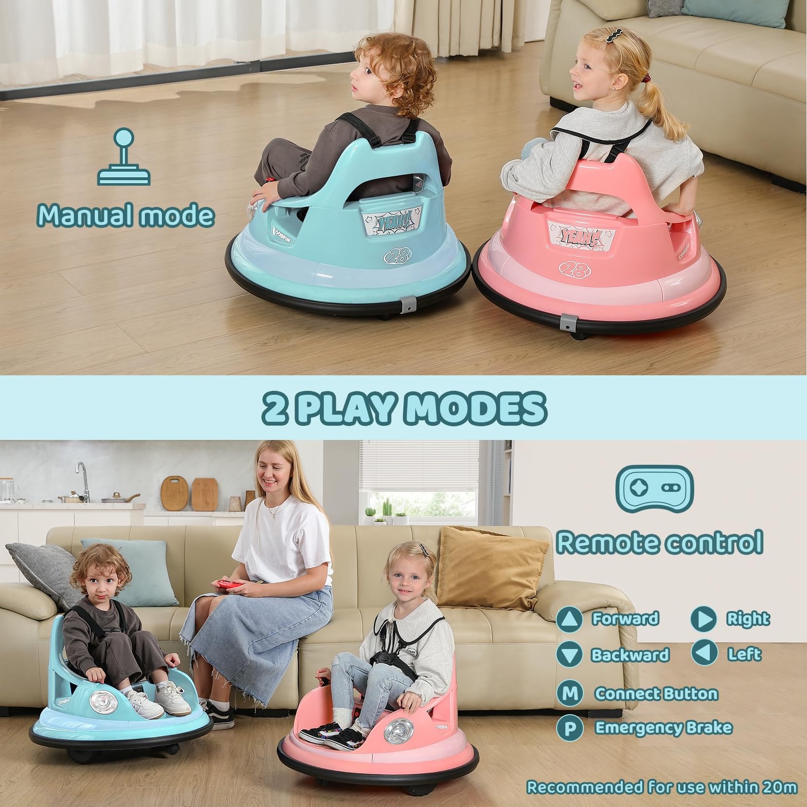 Light Blue Elemara Kids Bumper Car With Music Led Lights Remote Control 66 Lbs